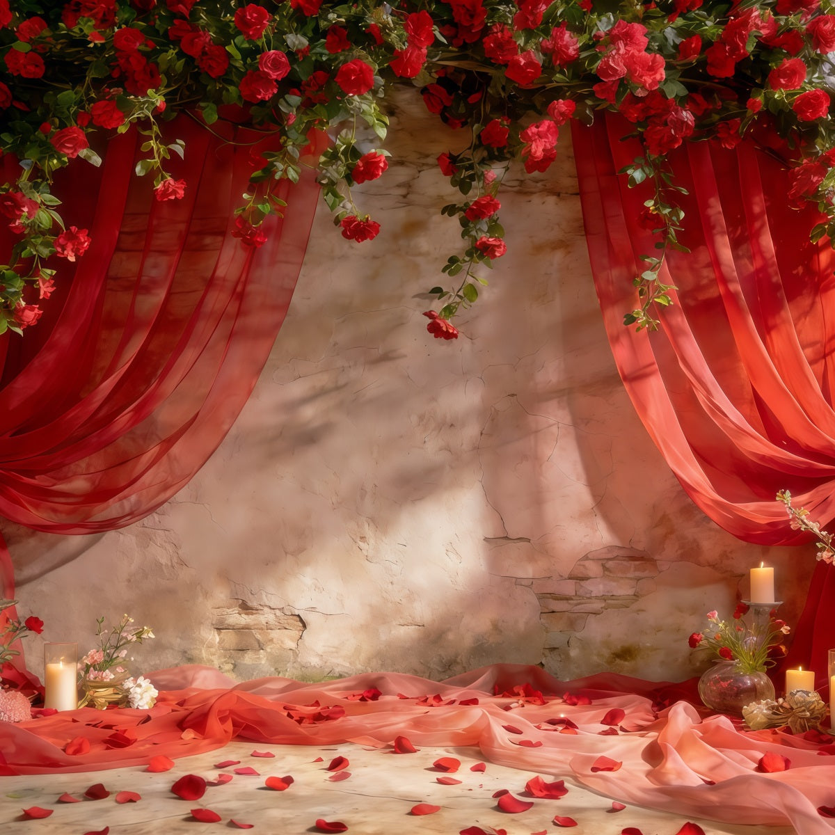 Spring Flowers Backdrop Romantic Red Draped Roses Spring Party Backdrop CSH61-121