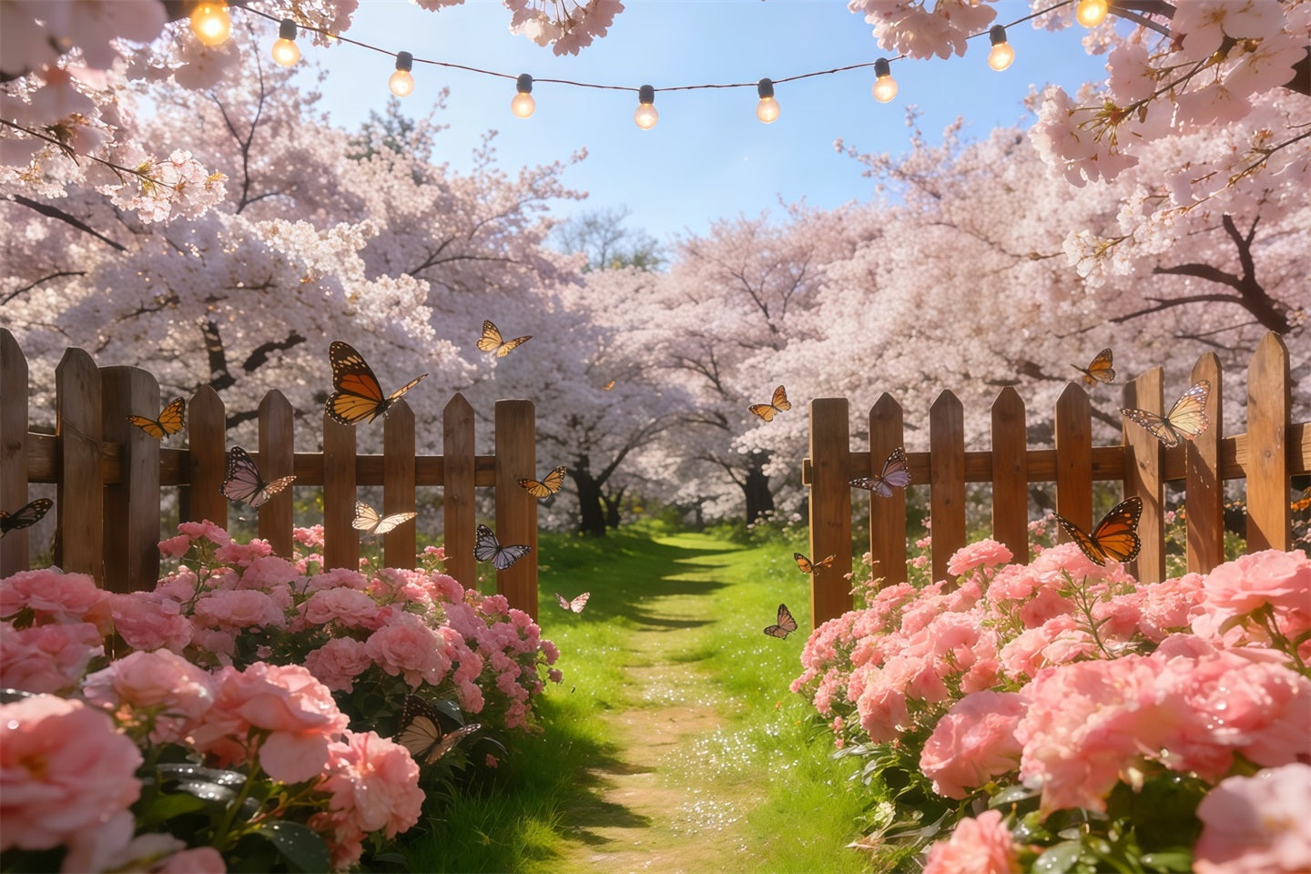 Cherry Blossom Tree Backdrop Pastel Flowers Butterfly Fence Floral Print Backdrop CSH61-134