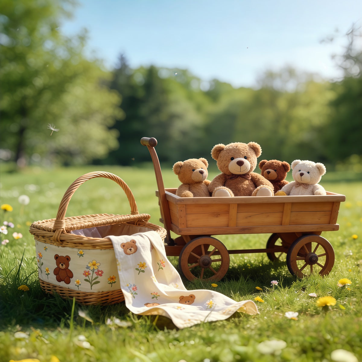 Picnic Backdrops Teddy Bear Wagon Meadow Outdoors Diy Spring Backdrop CSH61-140