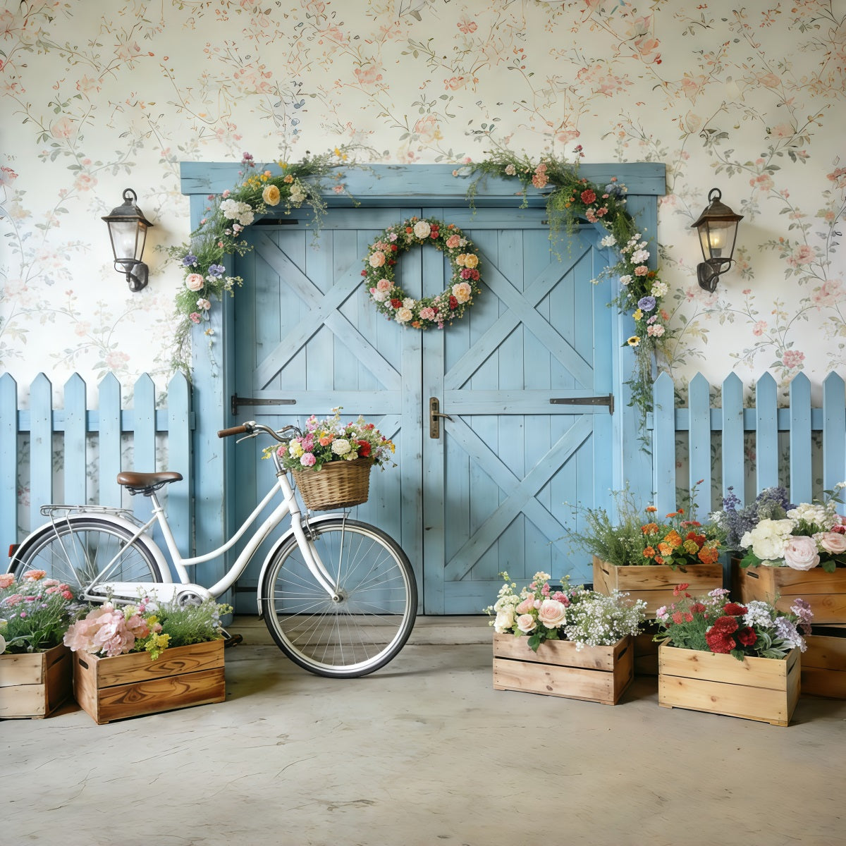 Bicycle Backdrop Blue Barn Door Bicycle Blooms Spring Backdrops CSH61-152