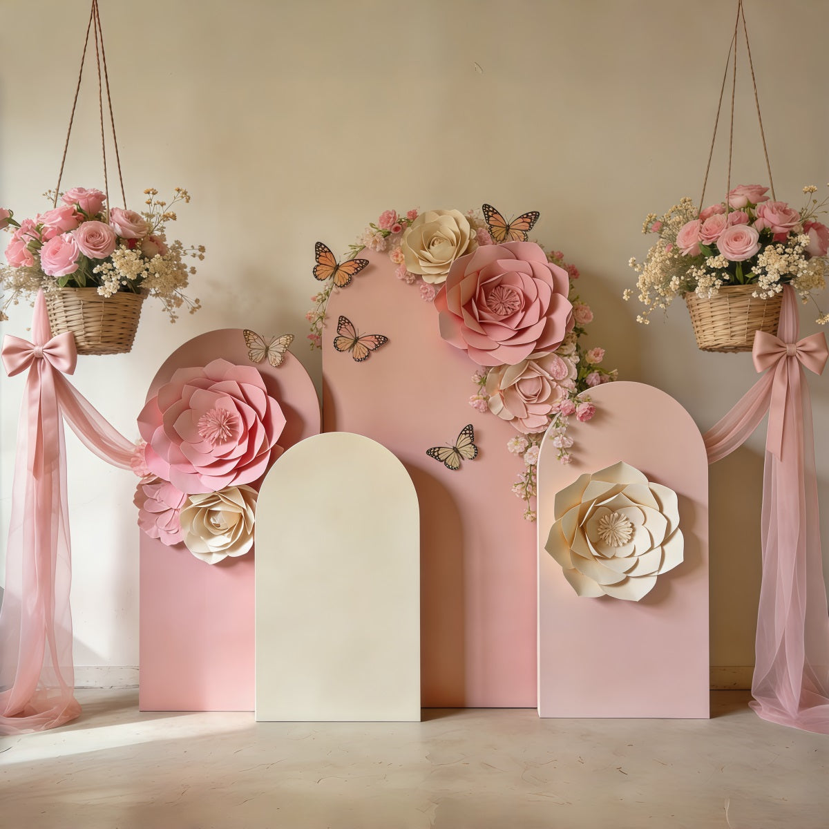 Spring Paper Flower Backdrop Blush Bloom Arch Bow Drape Photography Backdrop Floral CSH61-162