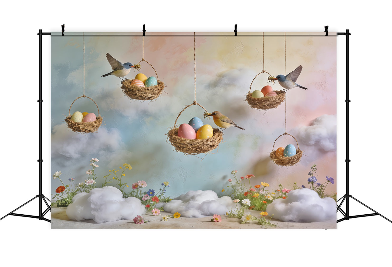 Spring Bird Nest Backdrop Egg Nest Pastel Sky Wildflower Spring Time Backdrop CSH61-164