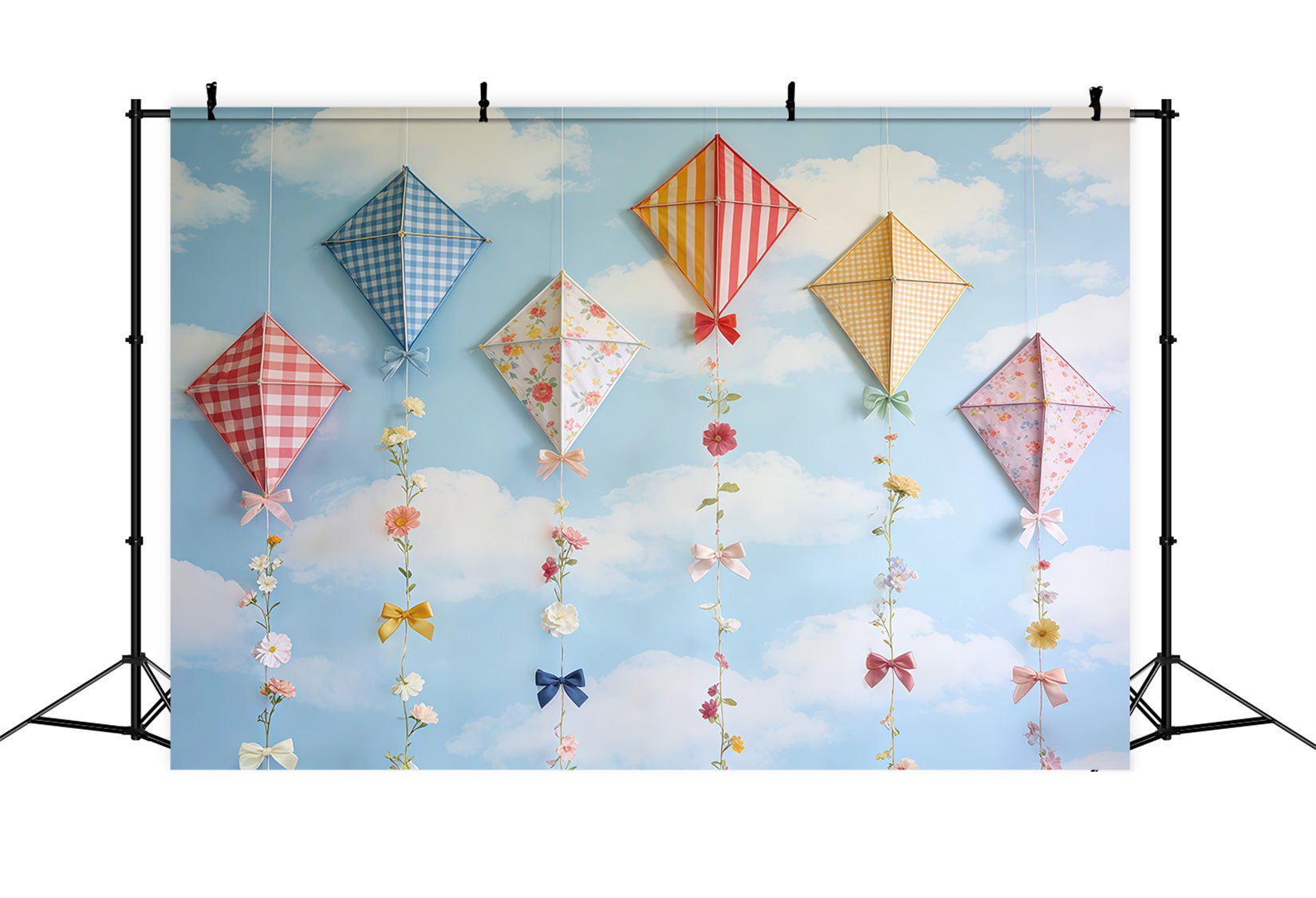 Spring Kite Backdrop Sky Cloud Pastel Bow Flowers Spring Photography Backdrop CSH61-165