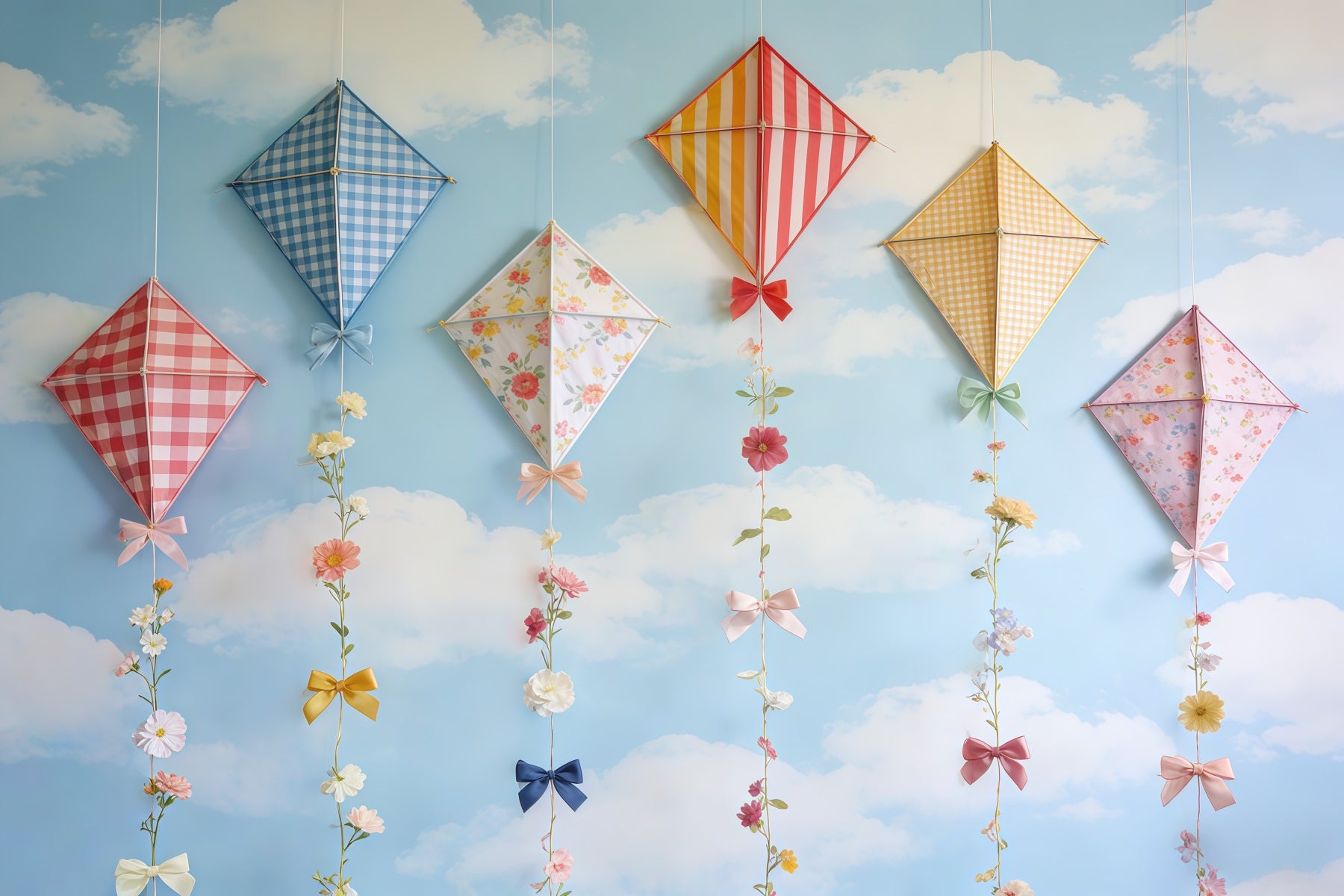 Spring Kite Backdrop Sky Cloud Pastel Bow Flowers Spring Photography Backdrop CSH61-165