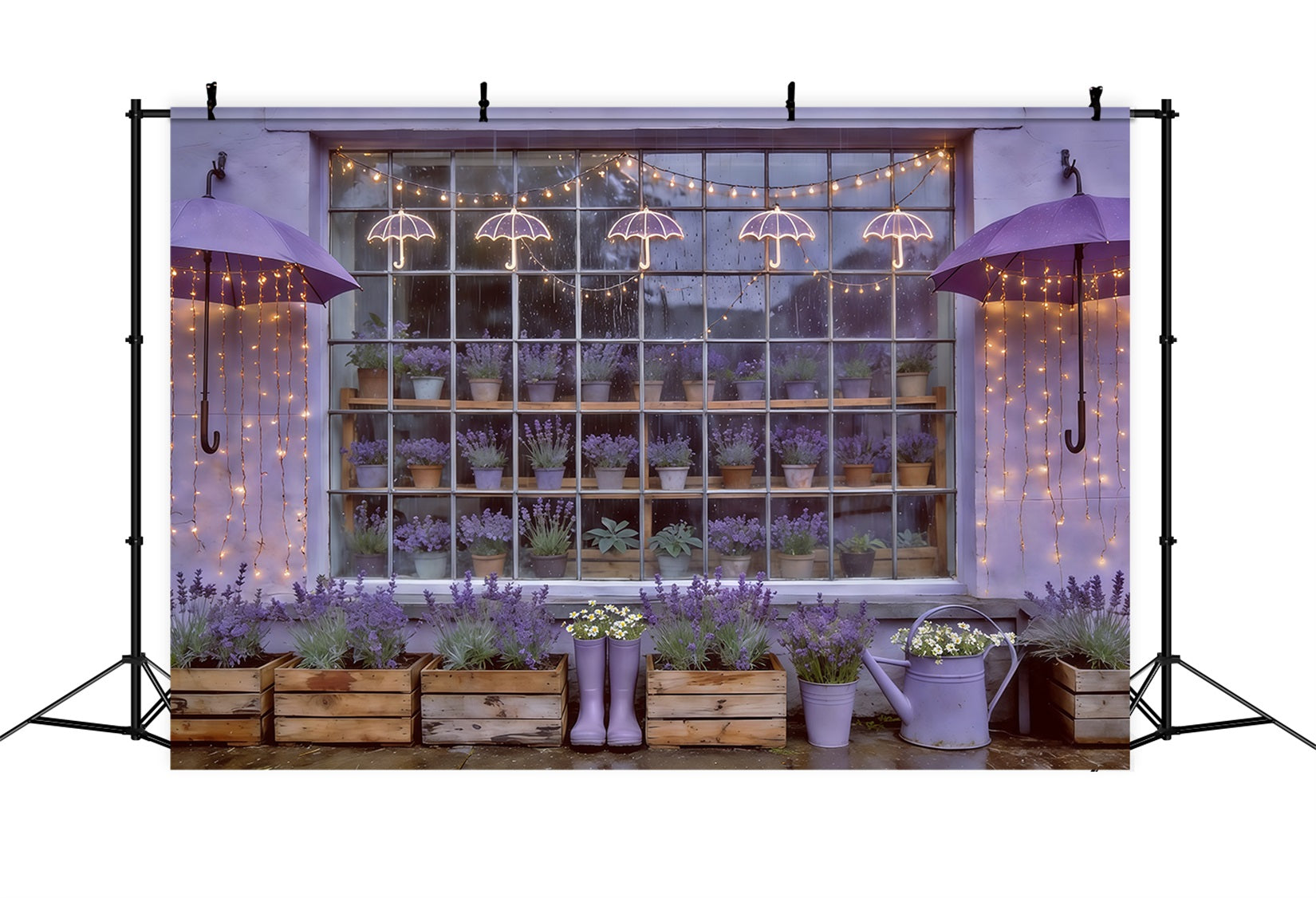 Spring Umbrella And Rain Boots Backdrop Lavender Garden Window Lights Springtime Backdrop CSH61-166