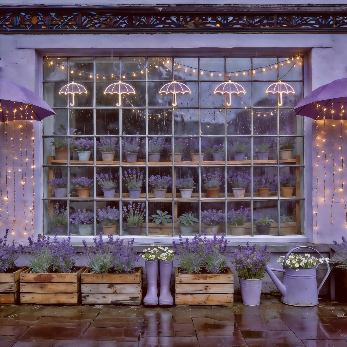 Spring Umbrella And Rain Boots Backdrop Lavender Garden Window Lights Springtime Backdrop CSH61-166