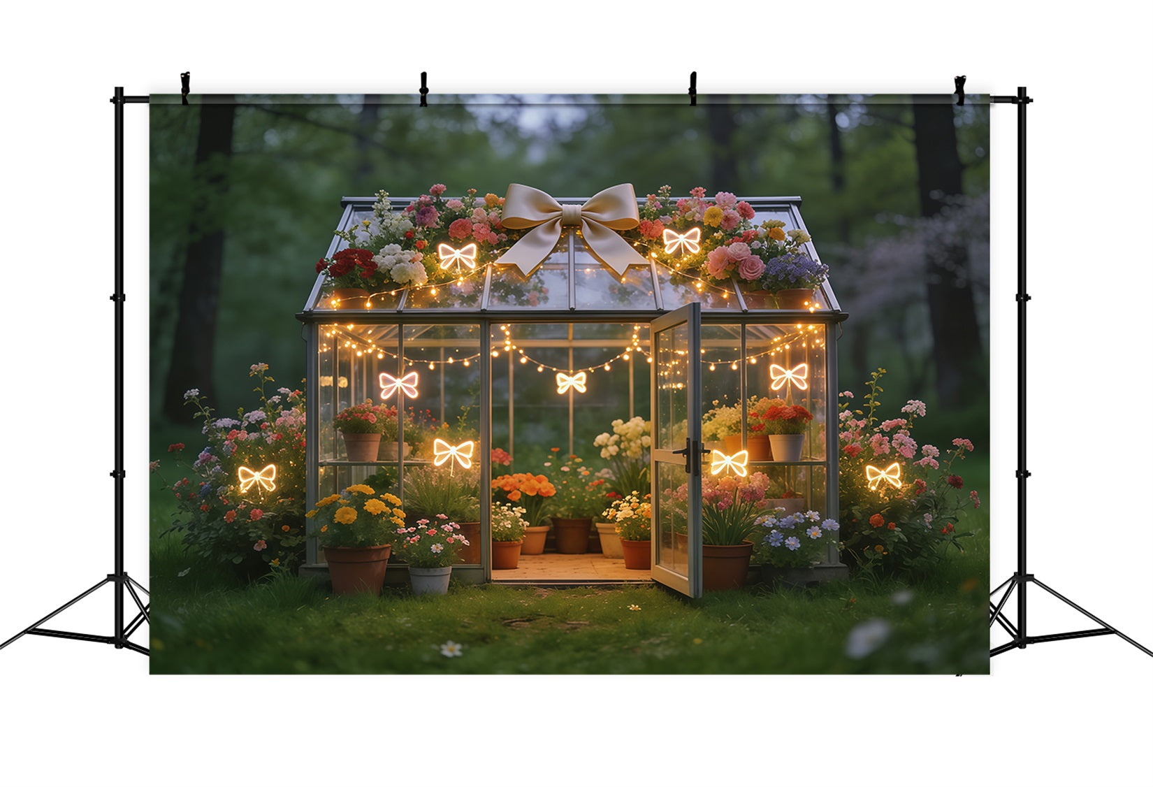 Spring Greenhouse Backdrop Glowing Bow Garden Floral Spring Backdrops CSH61-171