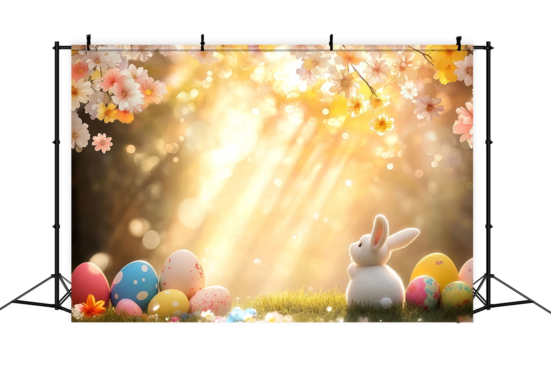 Easter Bunny Backdrop Sunlit Blossom Eggs Meadow Easter Photo Backdrop CSH61-22