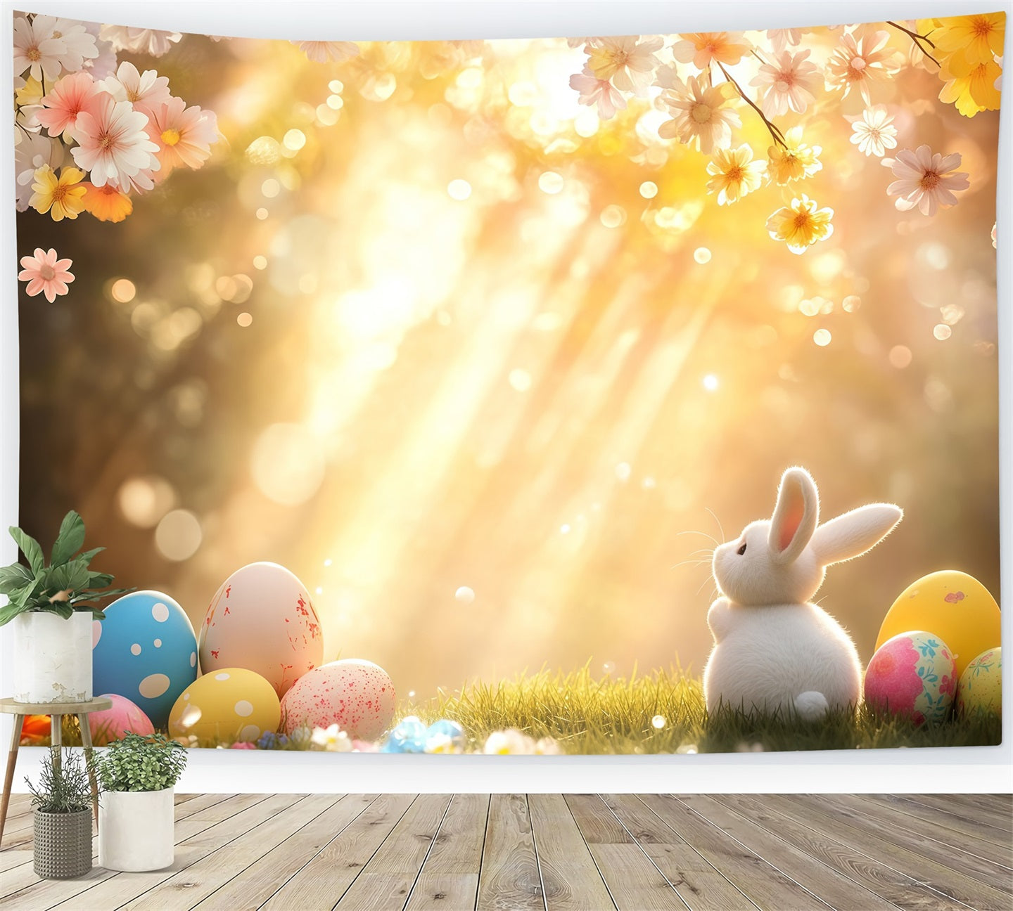 Easter Bunny Backdrop Sunlit Blossom Eggs Meadow Easter Photo Backdrop CSH61-22
