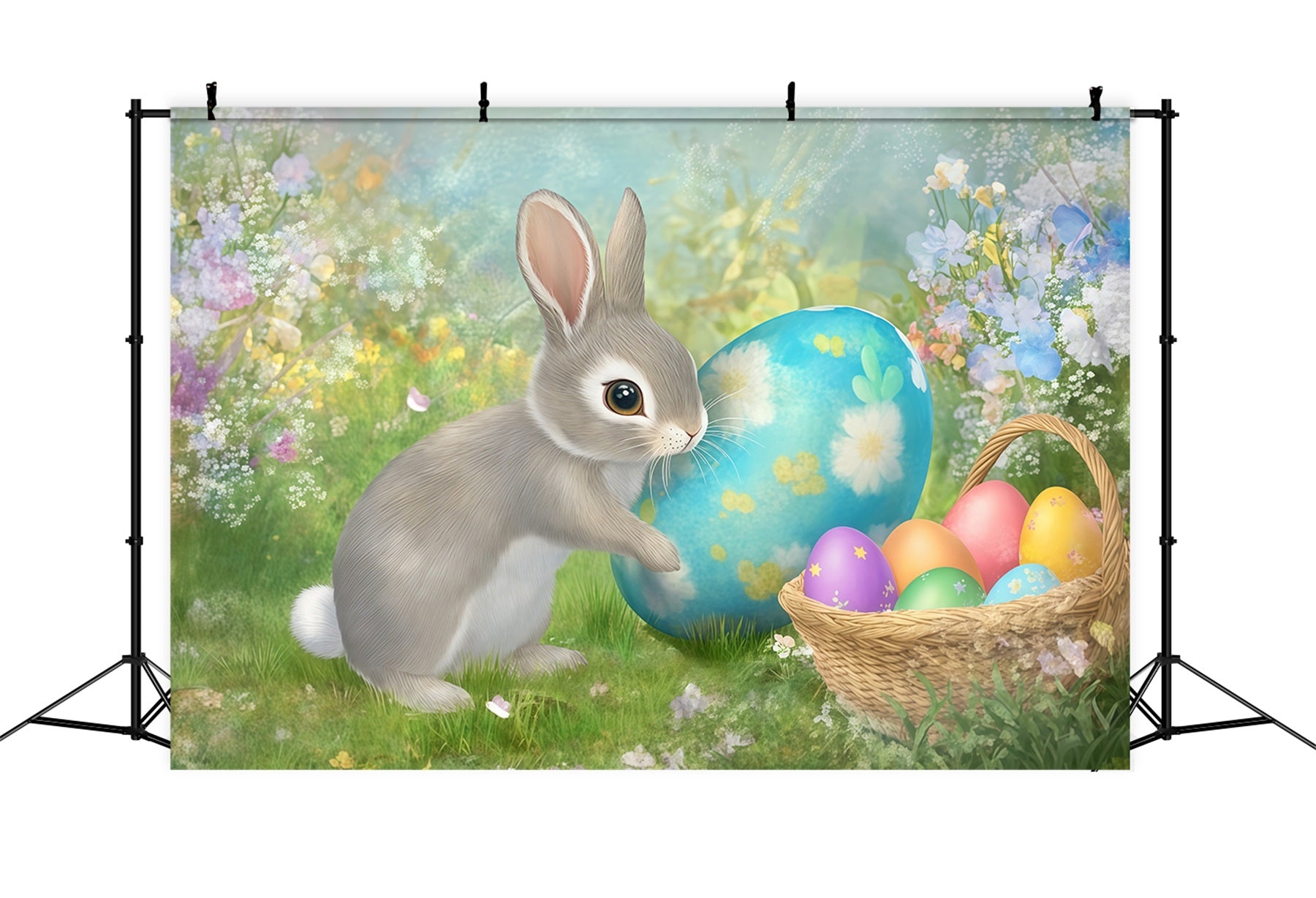 Easter Bunny Backdrop Painted Egg Basket Spring Flowers Backdrop Easter CSH61-28