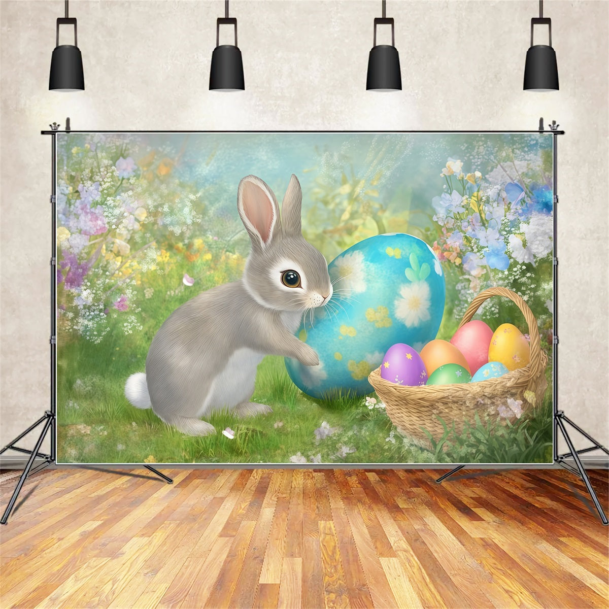 Easter Bunny Backdrop Painted Egg Basket Spring Flowers Backdrop Easter CSH61-28