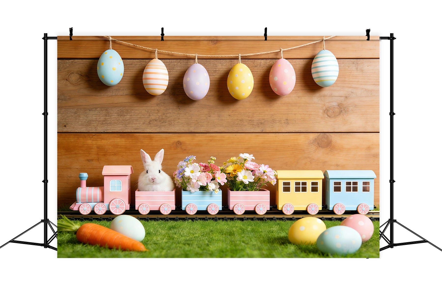 Easter Bunny Backdrop Pastel Egg Garland Wood Wall Easter Backdrop For Pictures CSH61-30