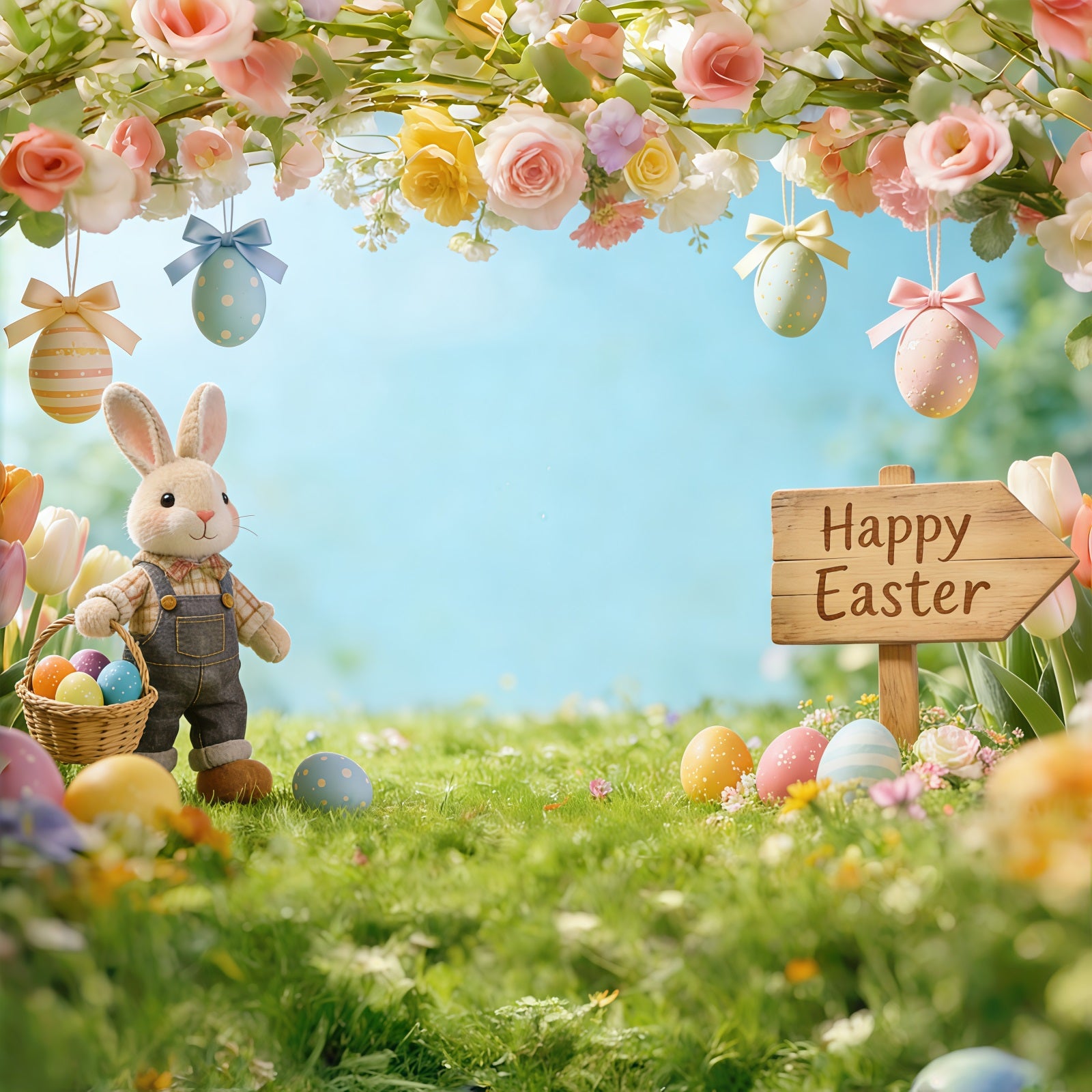 Easter Bunny Backdrop For Photos Flowering Branches Meadow Eggs Easter Photo Backdrop CSH61-53