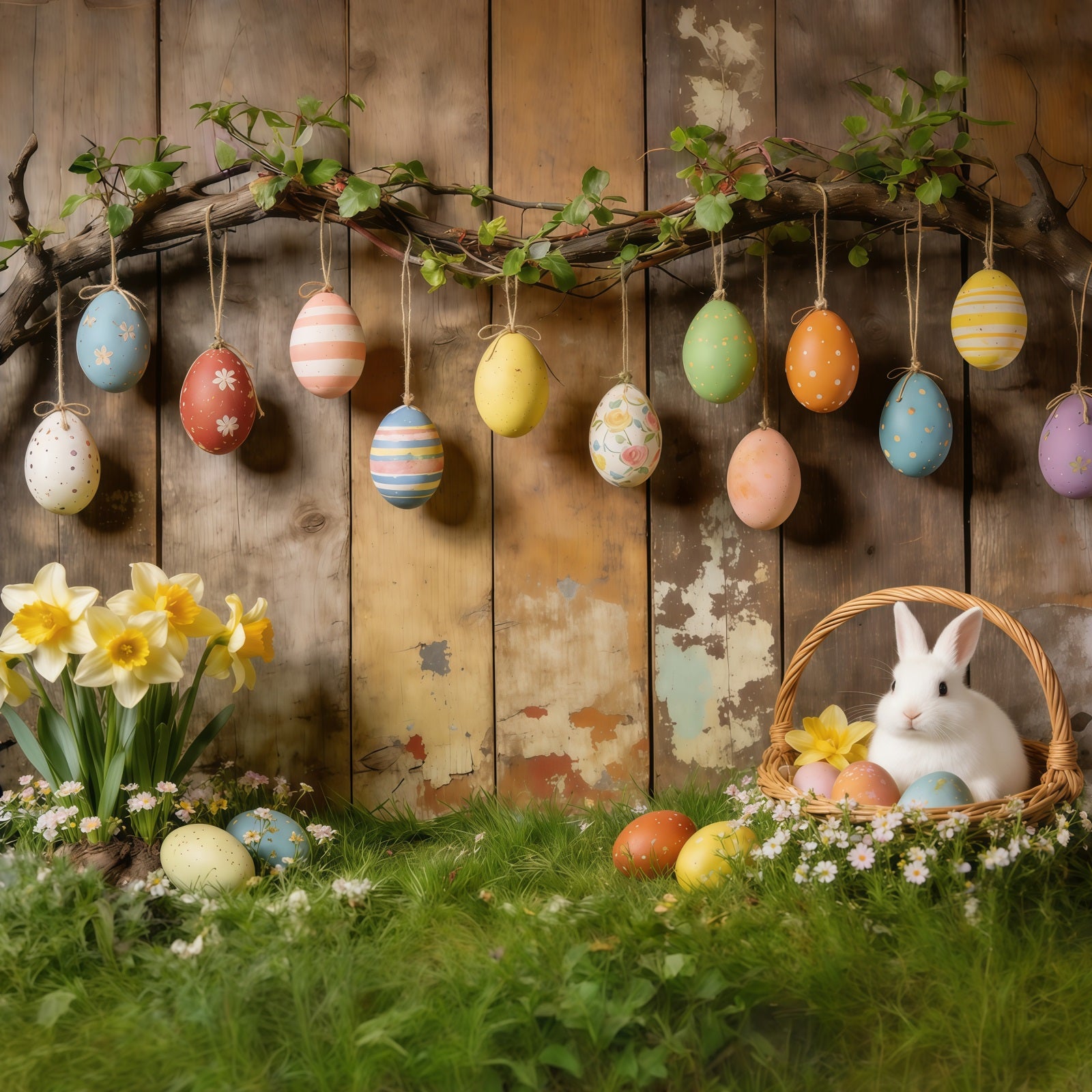 Easter Rustic Backdrop Hanging Eggs Bunny Basket Daffodils Photo Backdrops For Easter CSH61-87