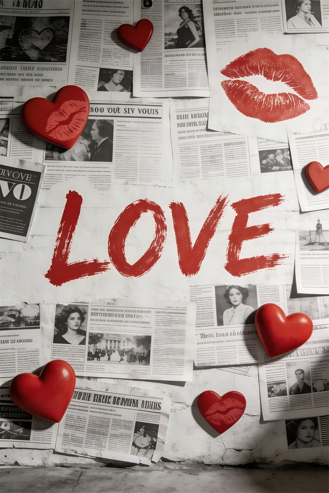 Newspaper Valentine Backdrop Vintage Love Doodle Hearts Valentine Photo Backdrop CSH61-99