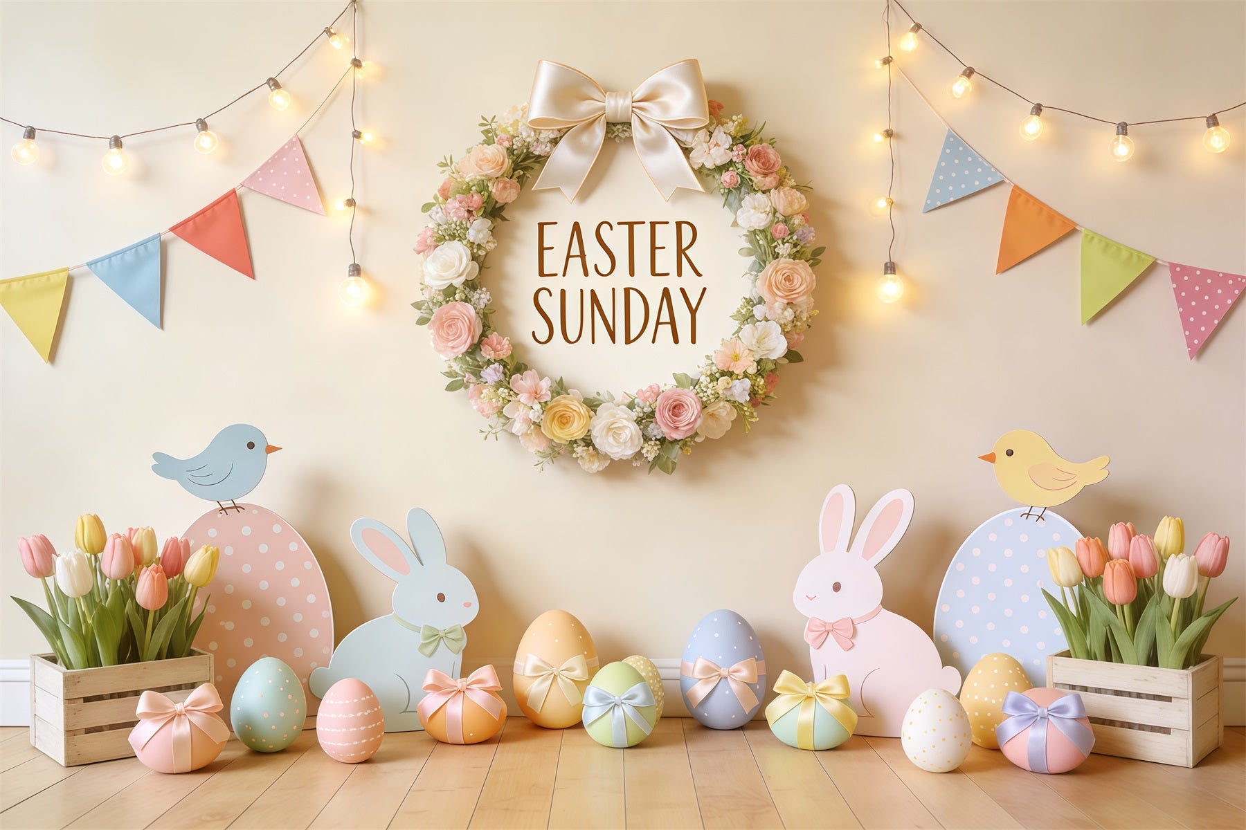Easter Sunday Backdrop Flower Wreath Bunny Tulip Easter Backdrops Photography CSH62-100
