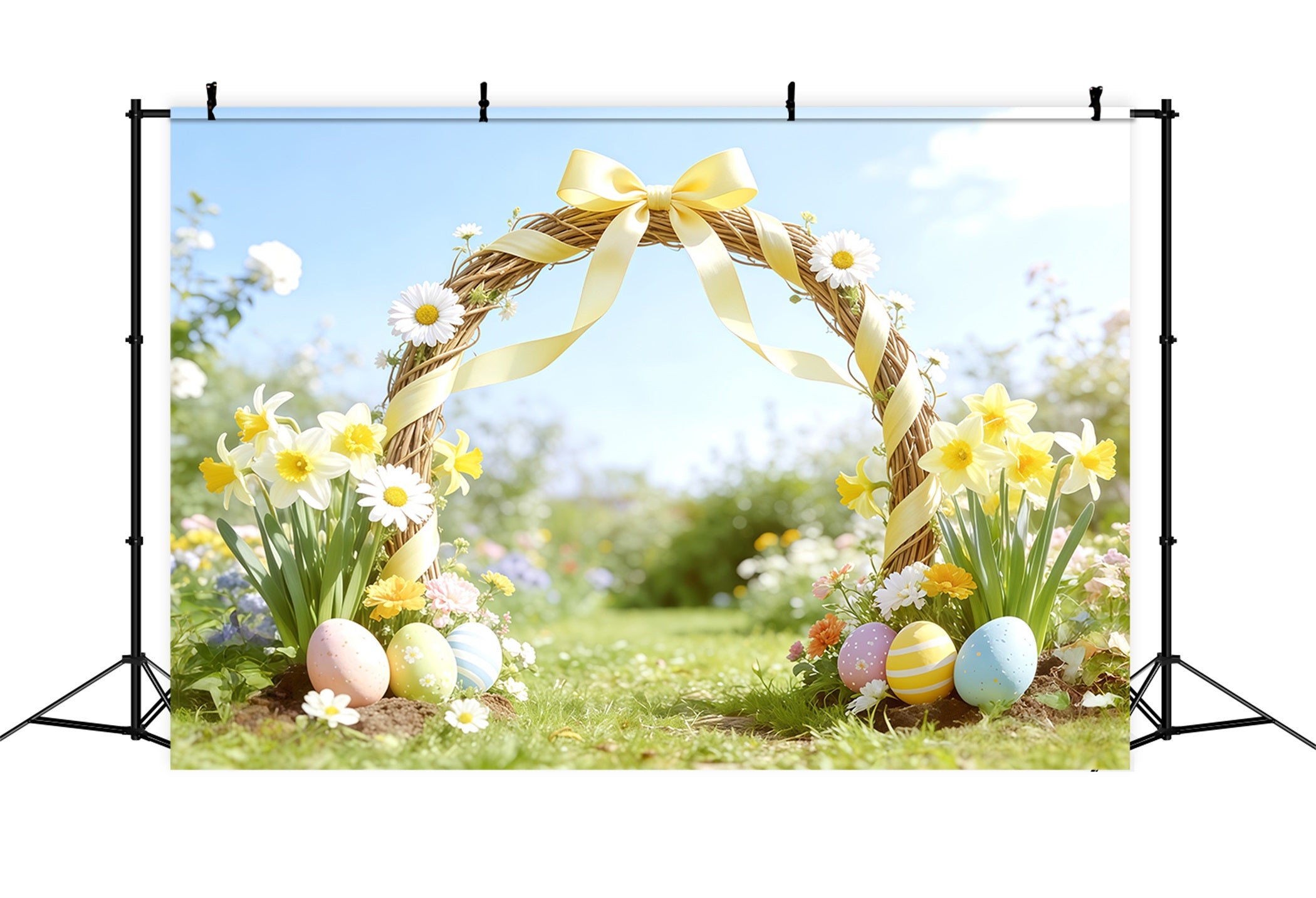Easter Spring Garden Arch Backdrop Yellow Bow Daffodil,l Arch Happy Easter Photo Backdrop CSH62-101