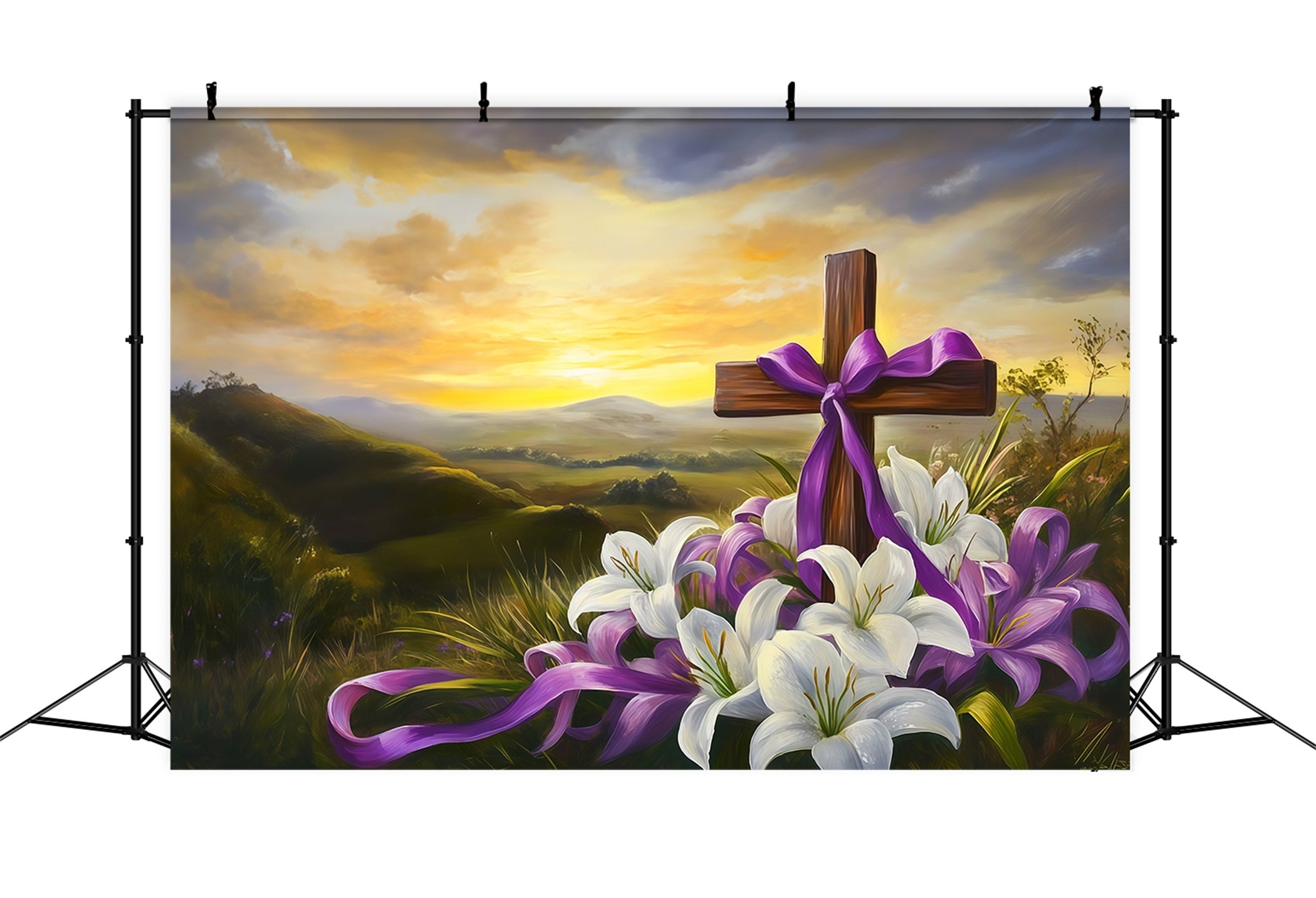 Easter Cross And Lilies Backdrop Sunset Mountain Religious Photo Backdrops For Easter CSH62-103