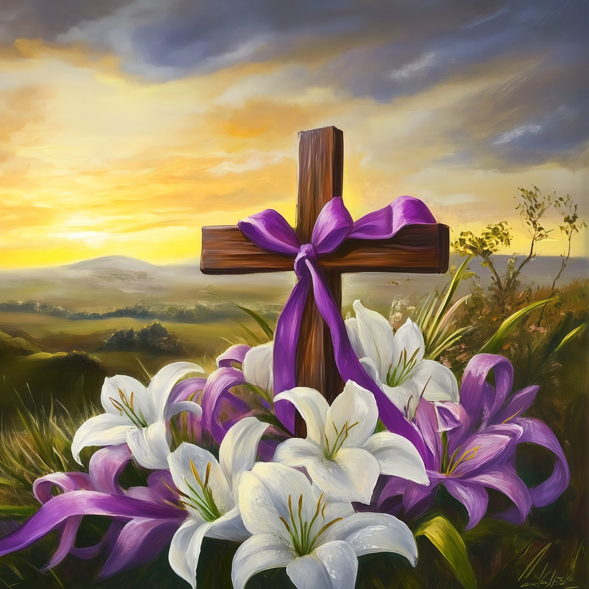 Easter Cross And Lilies Backdrop Sunset Mountain Religious Photo Backdrops For Easter CSH62-103
