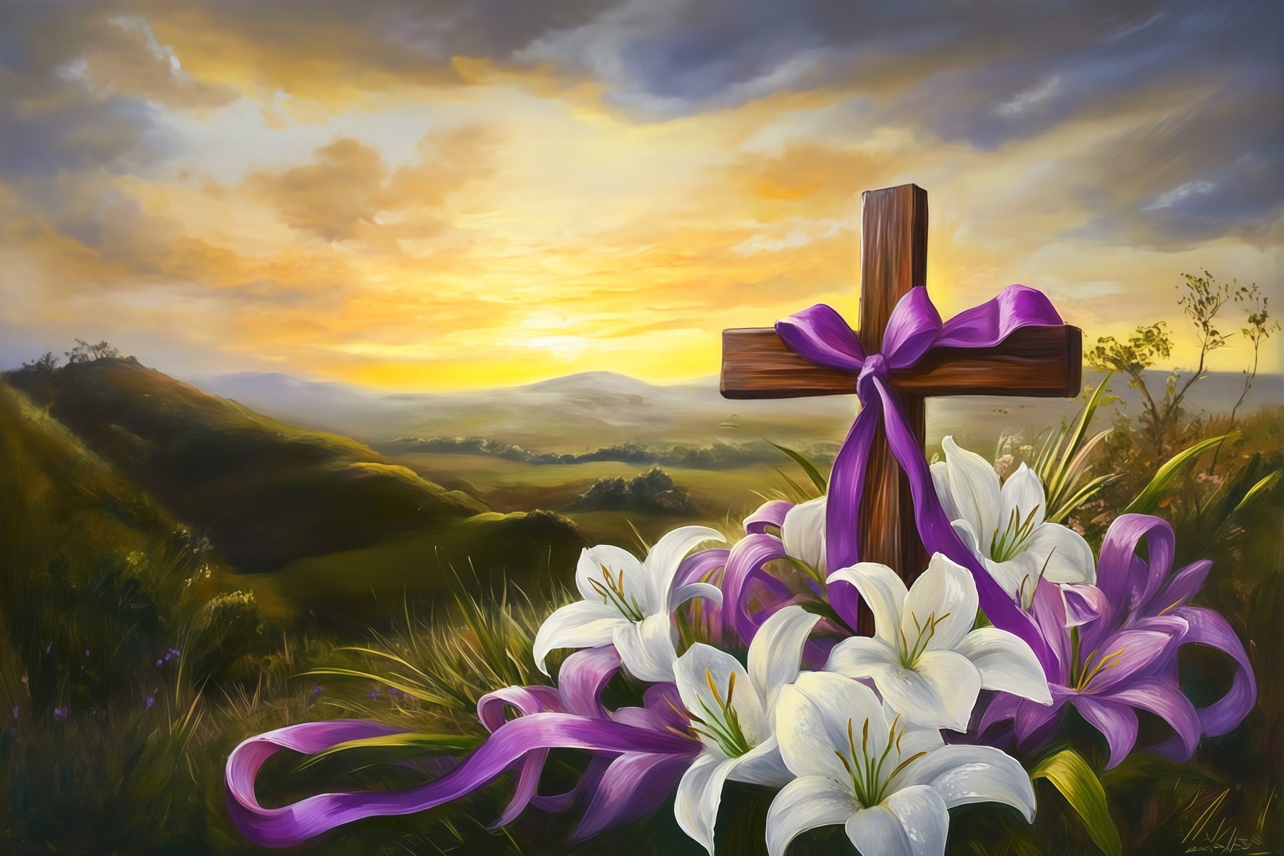 Easter Cross And Lilies Backdrop Sunset Mountain Religious Photo Backdrops For Easter CSH62-103