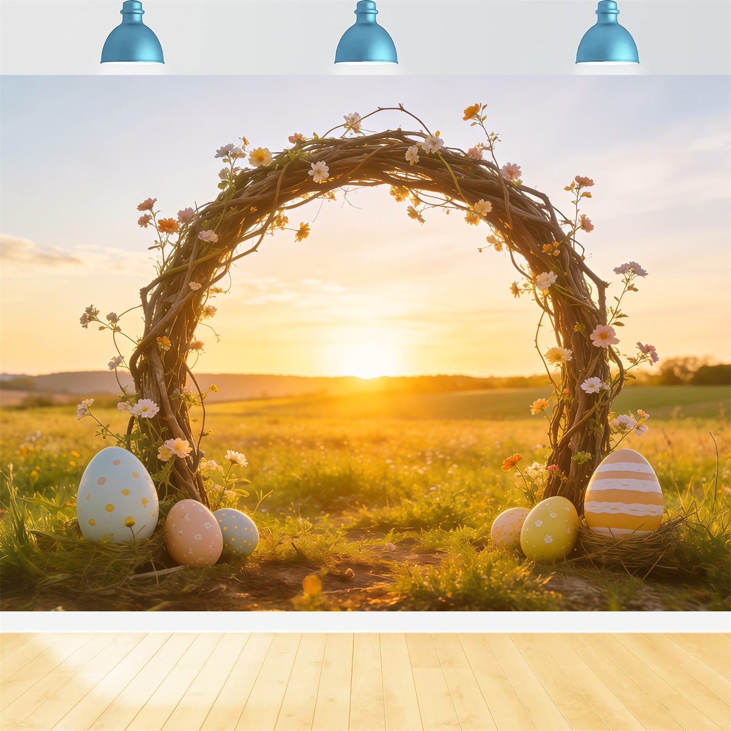 Easter Sunrise Field Backdrop Wildflower Twig Arch Eggs Simple Easter Backdrop CSH62-104