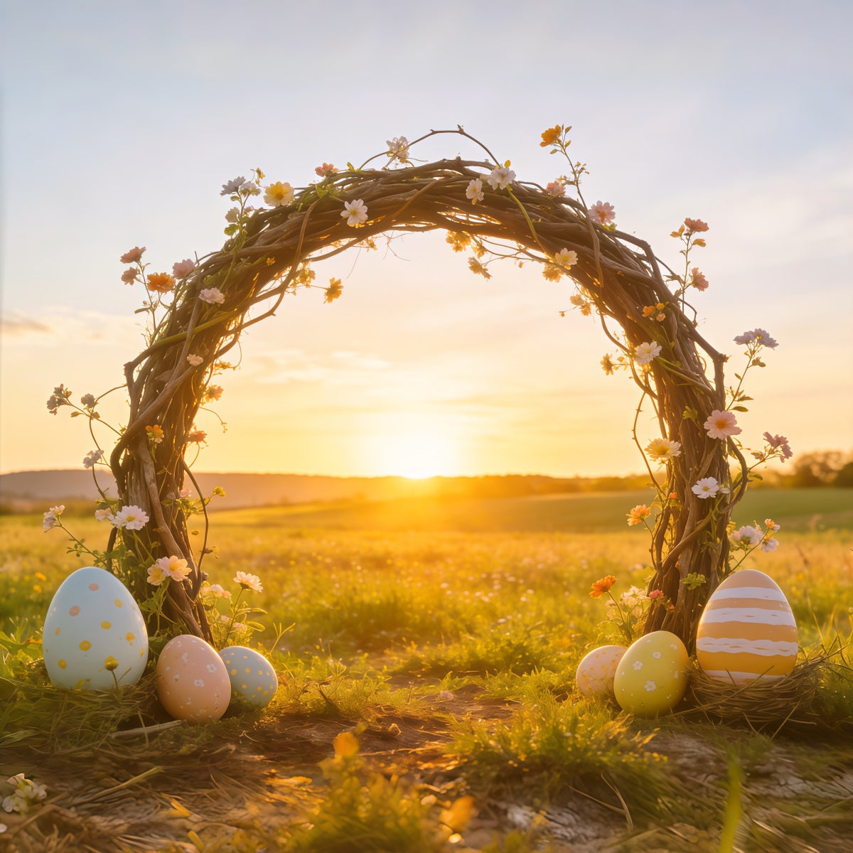 Easter Sunrise Field Backdrop Wildflower Twig Arch Eggs Simple Easter Backdrop CSH62-104