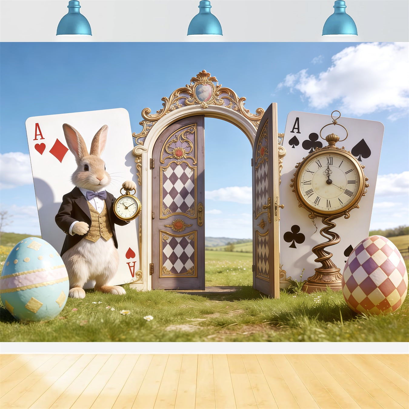 Easter Blue Sky Backdrop Wonderland Bunny Clock Door Photography Backdrops Easter CSH62-105