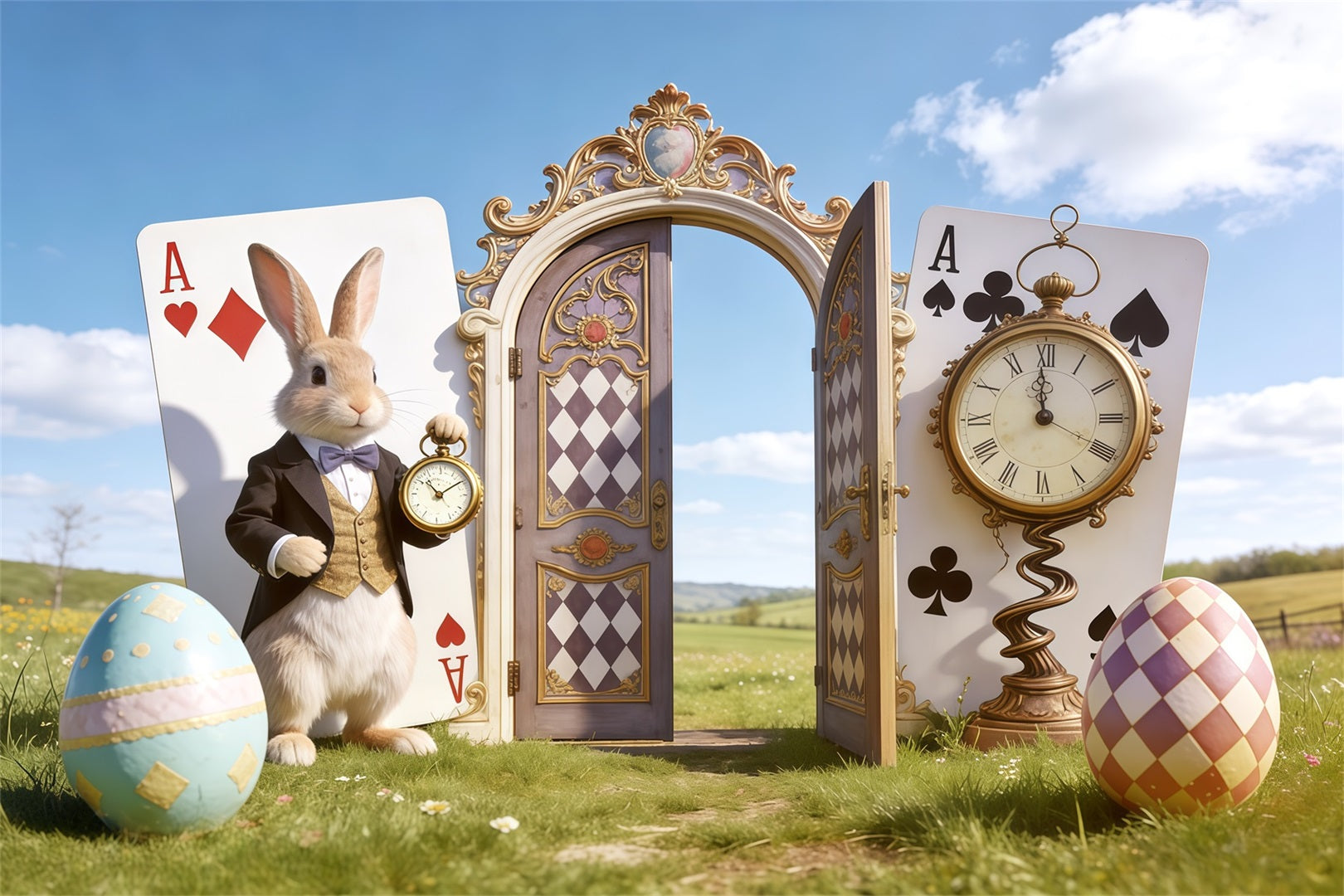 Easter Blue Sky Backdrop Wonderland Bunny Clock Door Photography Backdrops Easter CSH62-105