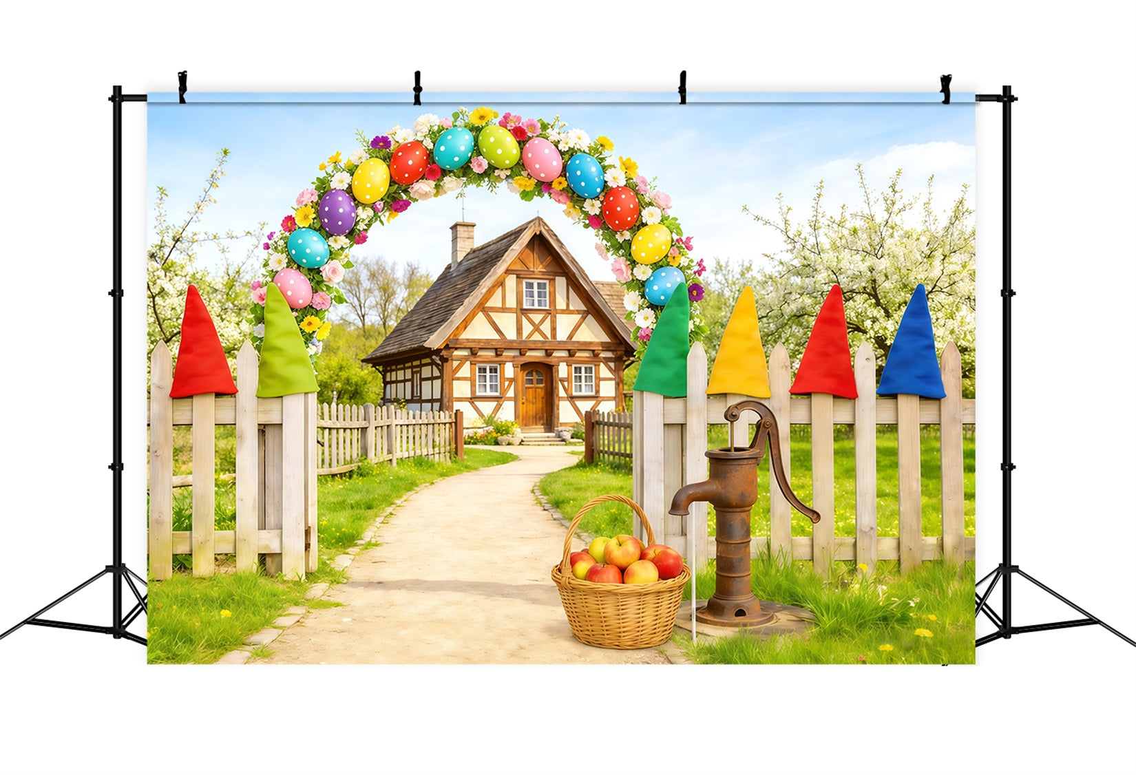 Easter Country Lane Backdrop Egg Arch Gnome Cottage Easter Theme Backdrop CSH62-110