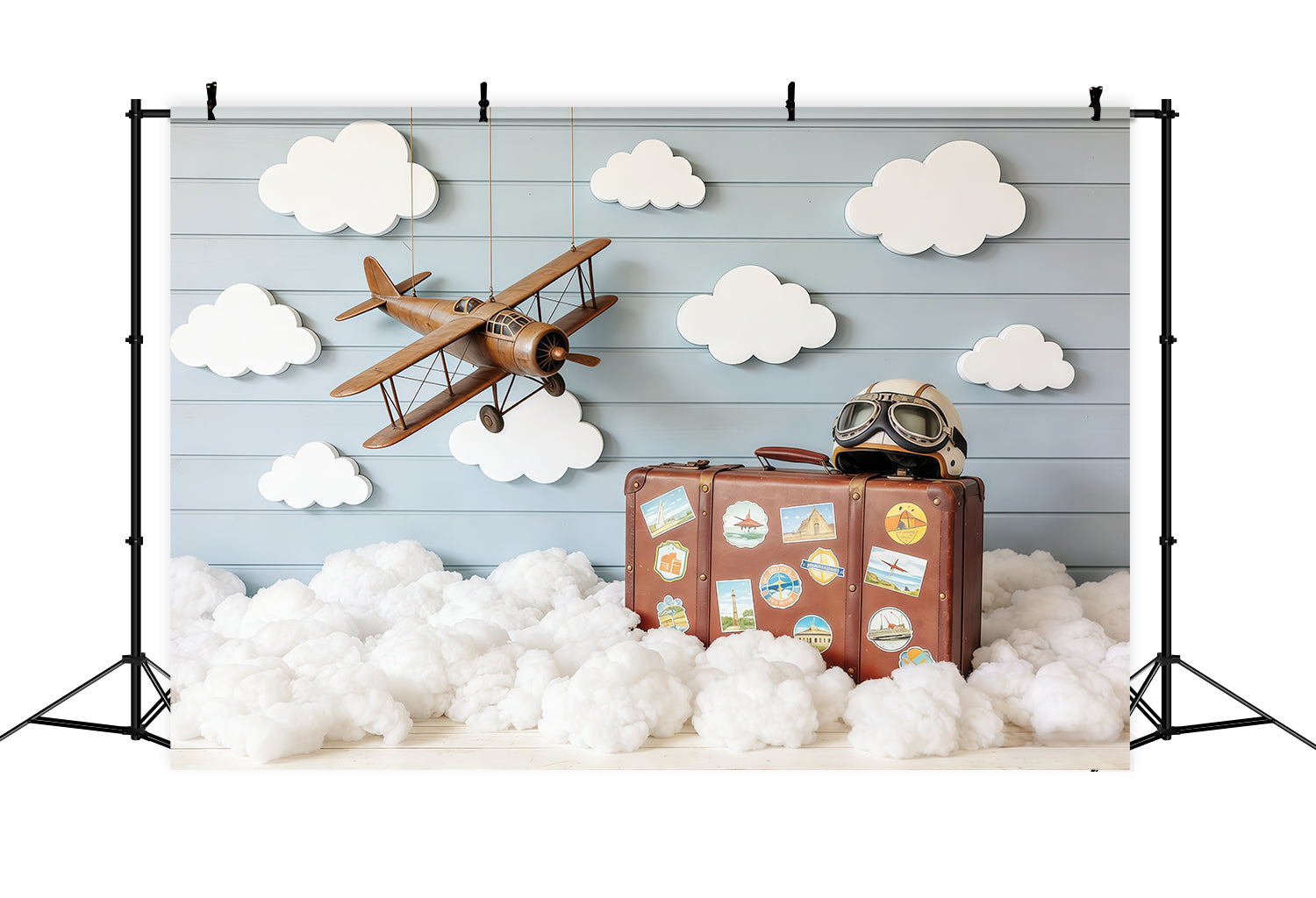 Cloud Photography Backdrop Vintage Plane Suitcase Wood Children Backdrops CSH62-116
