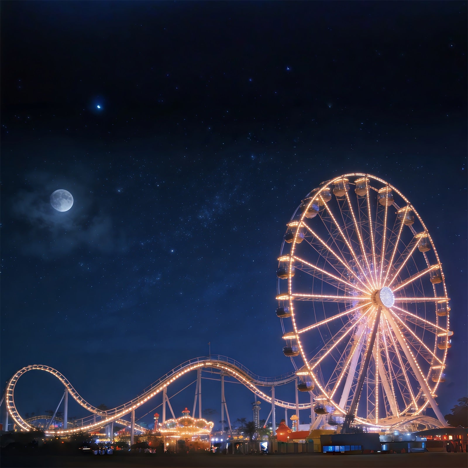 Night Sky Photo Backdrop Moonlit Ferris Wheel Amusement Starry Sky Backdrop CSH62-129