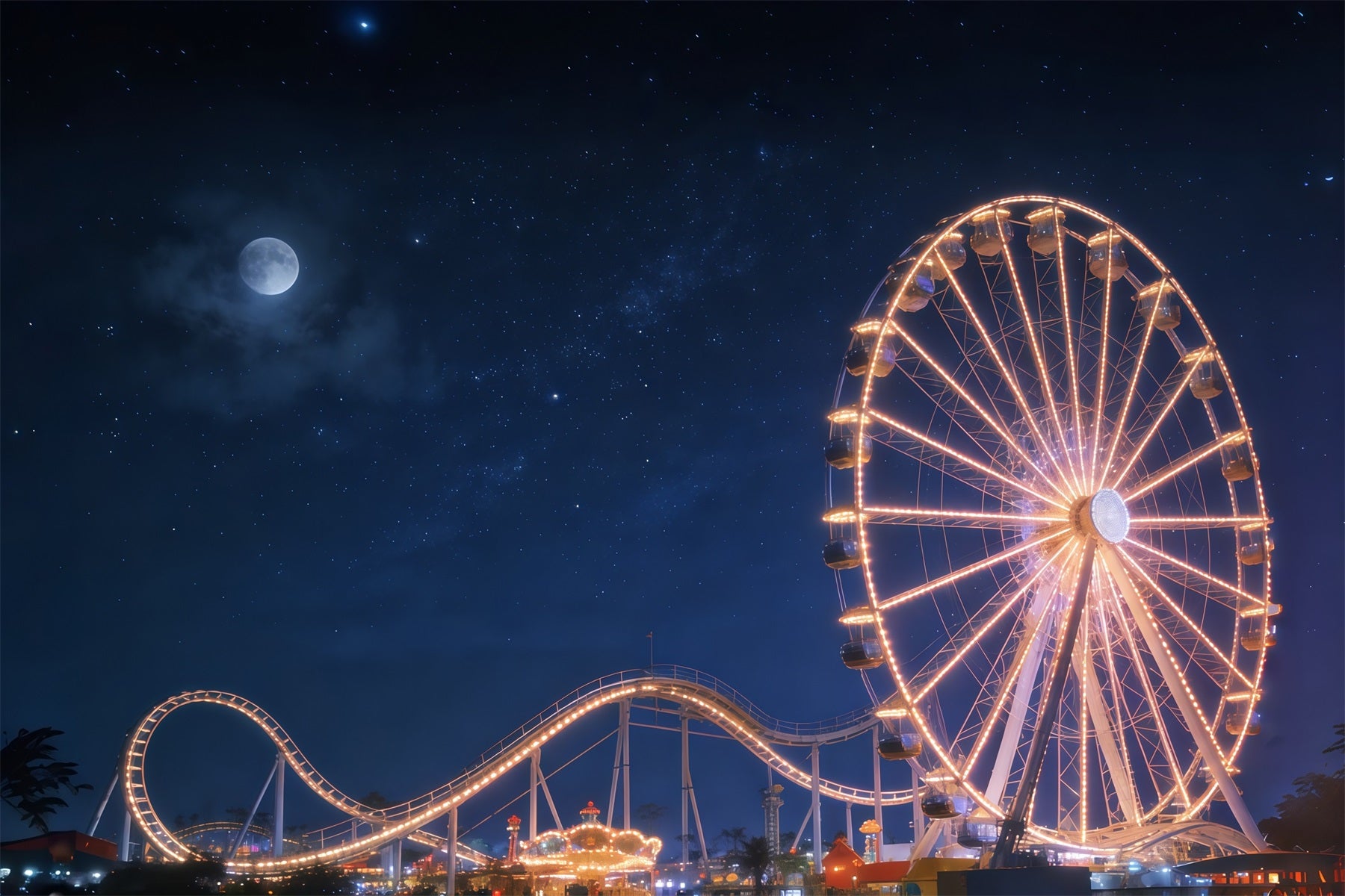 Night Sky Photo Backdrop Moonlit Ferris Wheel Amusement Starry Sky Backdrop CSH62-129