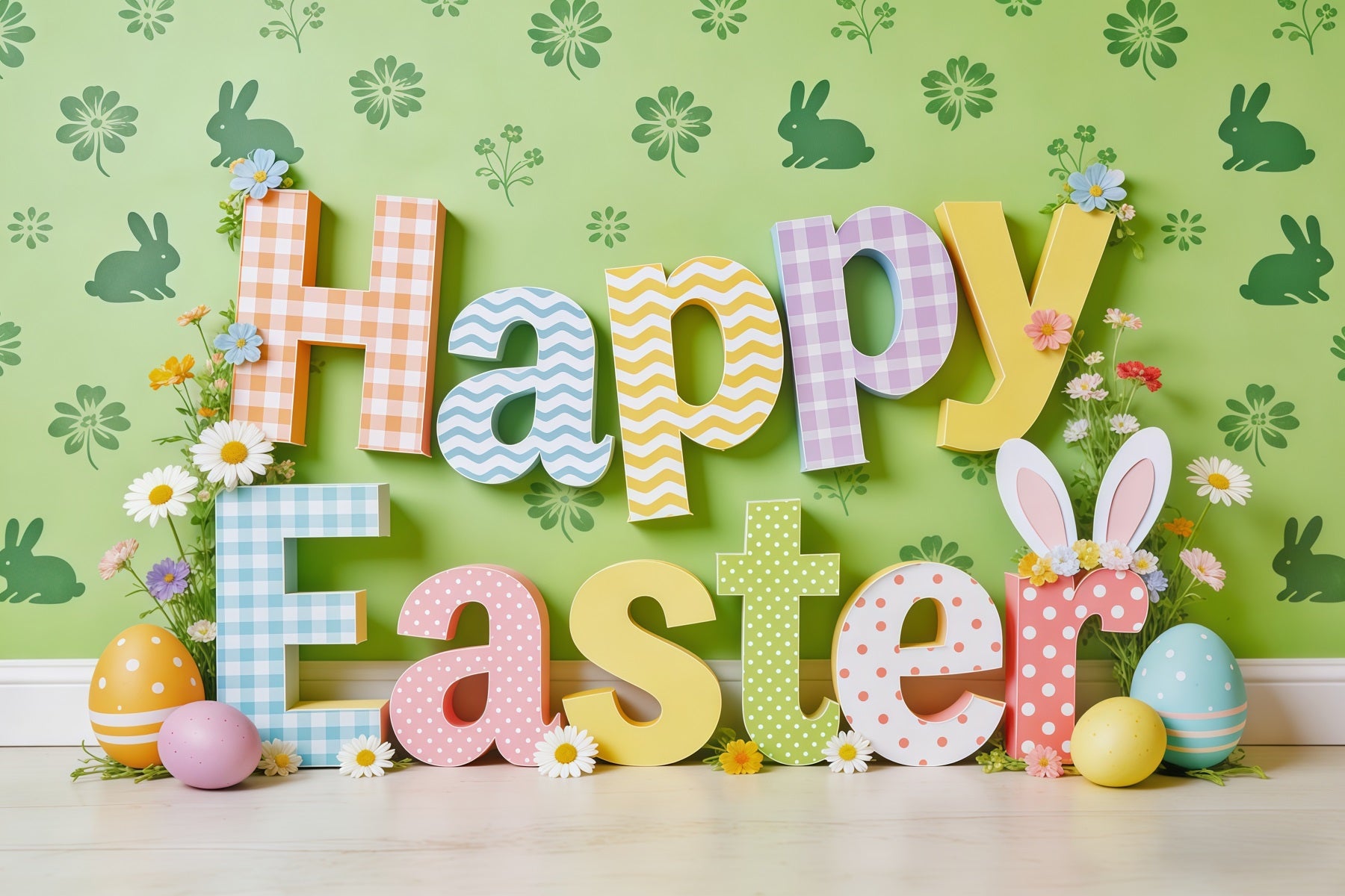 Happy Easter Backdrop Colorful Letters Bunny Eggs Photo Booth Easter Backdrop Ideas CSH62-65