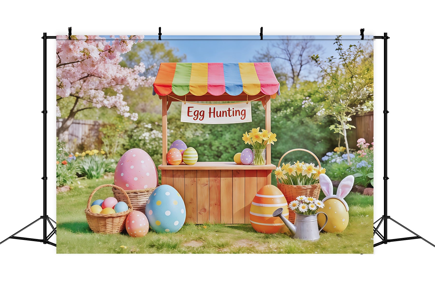 Egg Hunt Backdrop Wooden Cart Cherry Blossom Backdrop Ideas For Easter CSH62-67
