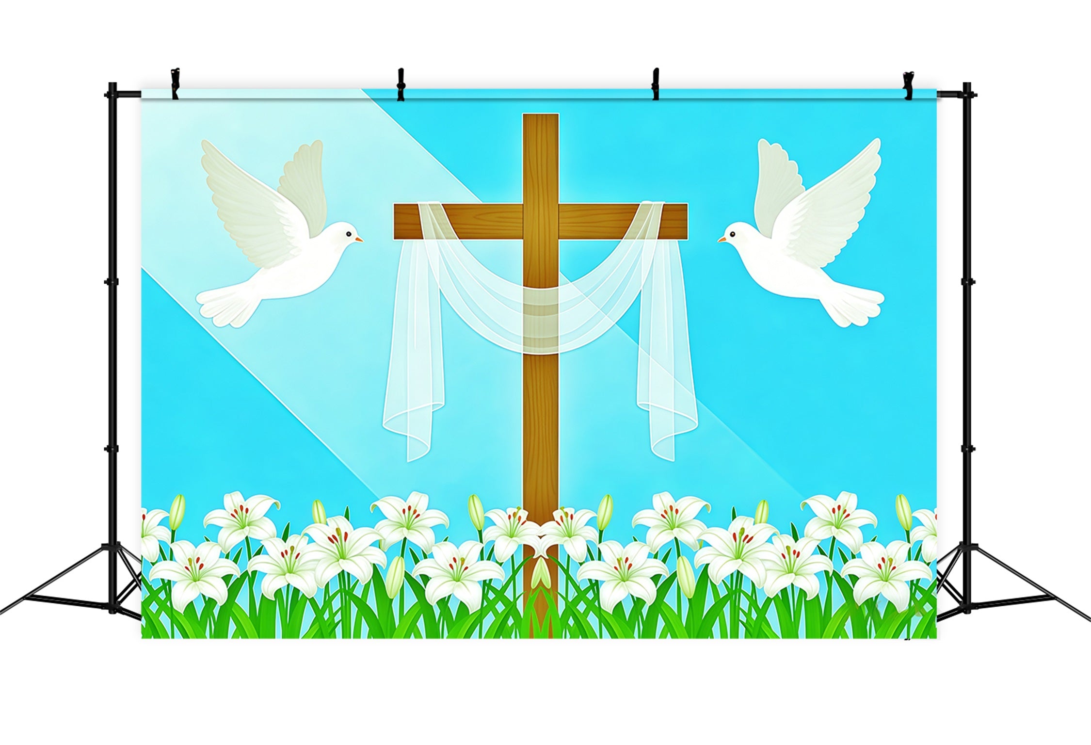 Cross And Lilies Backdrop Doves Religious Light Beam Easter Backdrop Photos CSH62-68