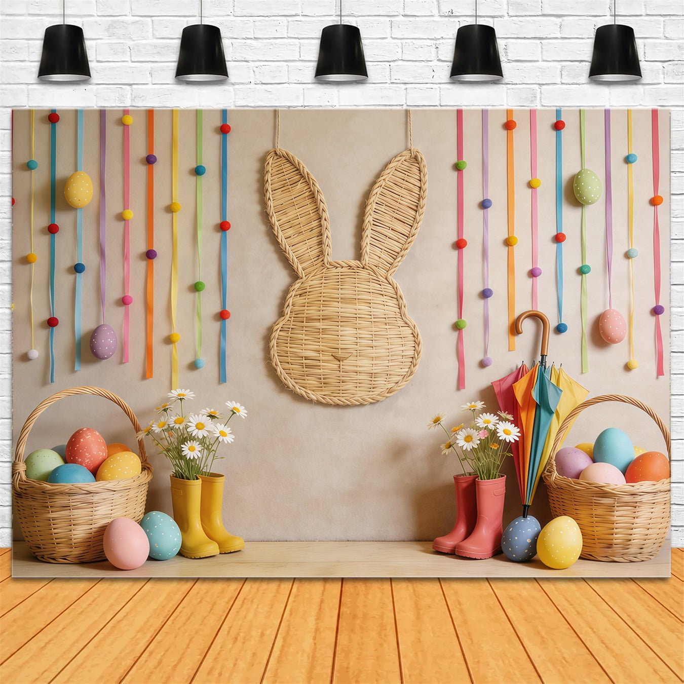 Easter Basket Backdrop Wicker Bunny Egg Daisy Photo Backdrop For Easter CSH62-71