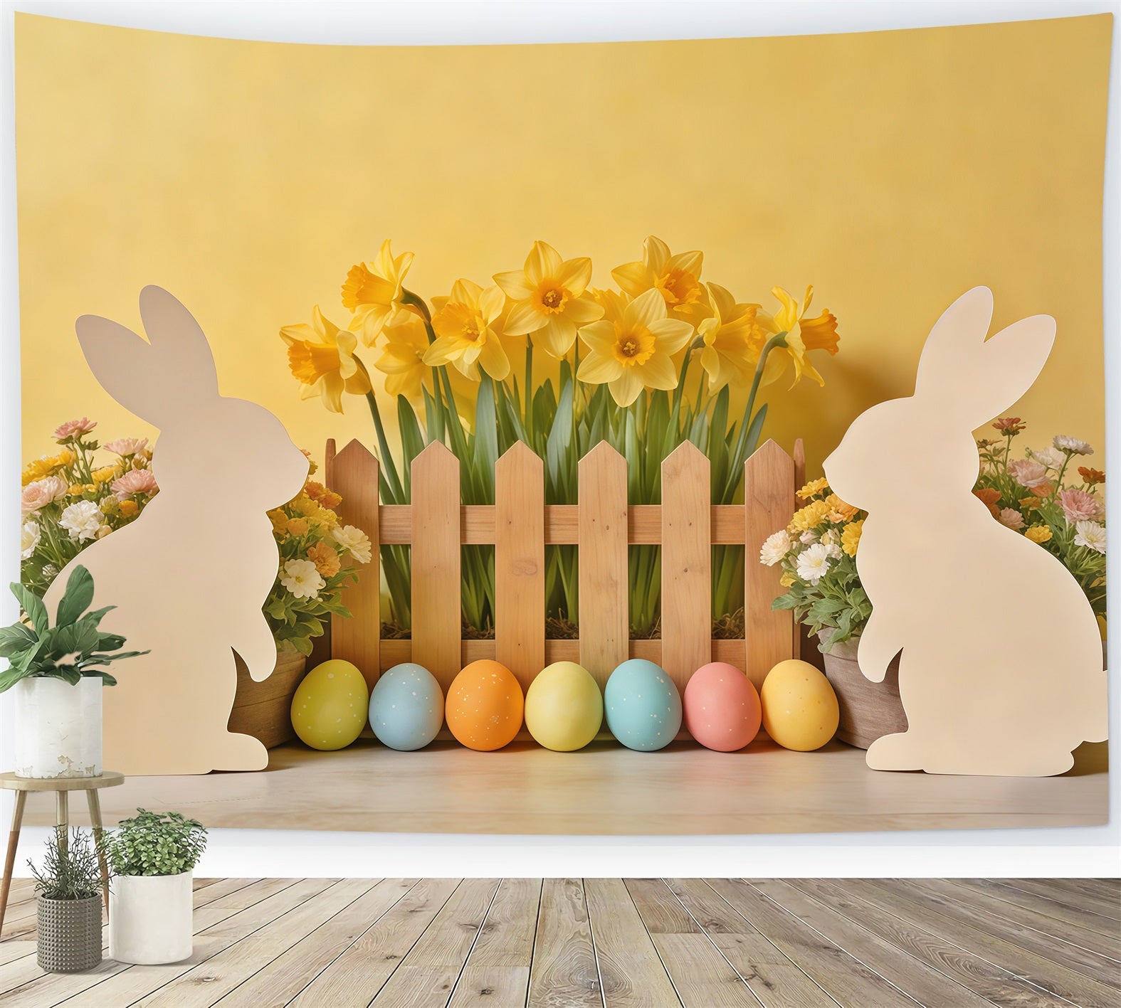 Easter Bunny Silhouette Backdrop Daffodil,l Eggs Wooden Fence Photography Easter Backdrop Ideas CSH62-73
