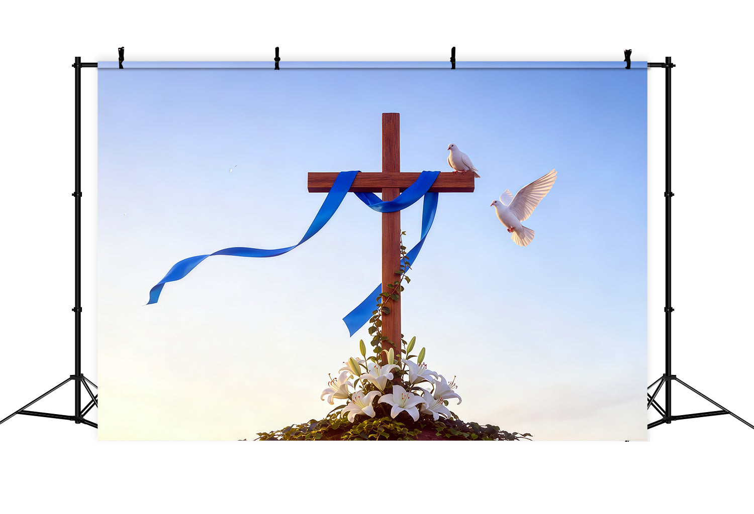 Easter Cross Backdrop Lily Doves Blue Ribbon Simple Easter Photo Backdrop CSH62-82