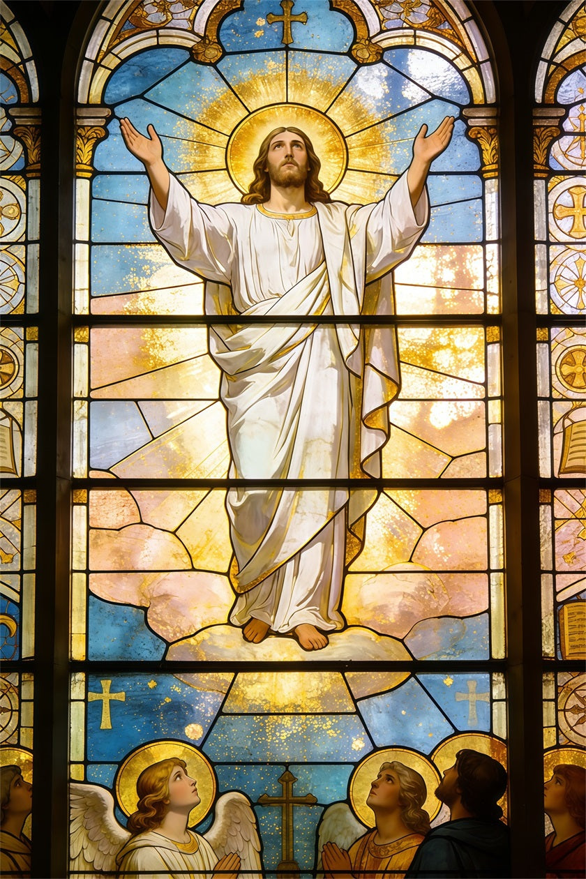 Easter Stained Glass Backdrop Jesus Ascension Church Window Cheap Easter Backdrops CSH62-83