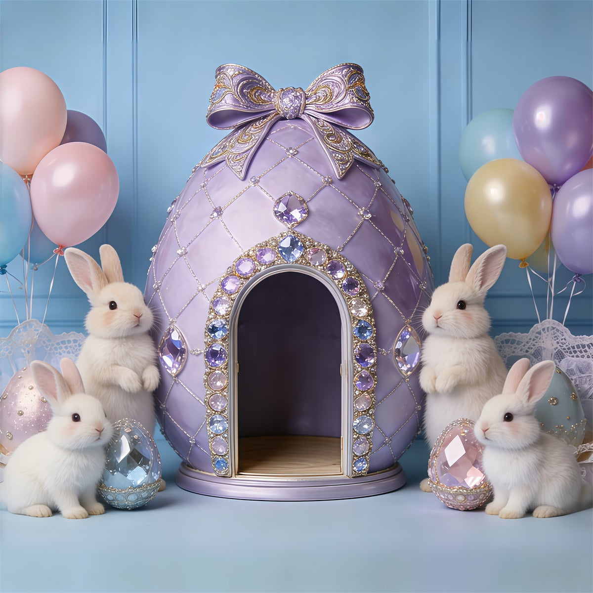 Easter Pastel Balloons Backdrop Jeweled Egg House Bunny My First Easter Backdrop CSH62-85