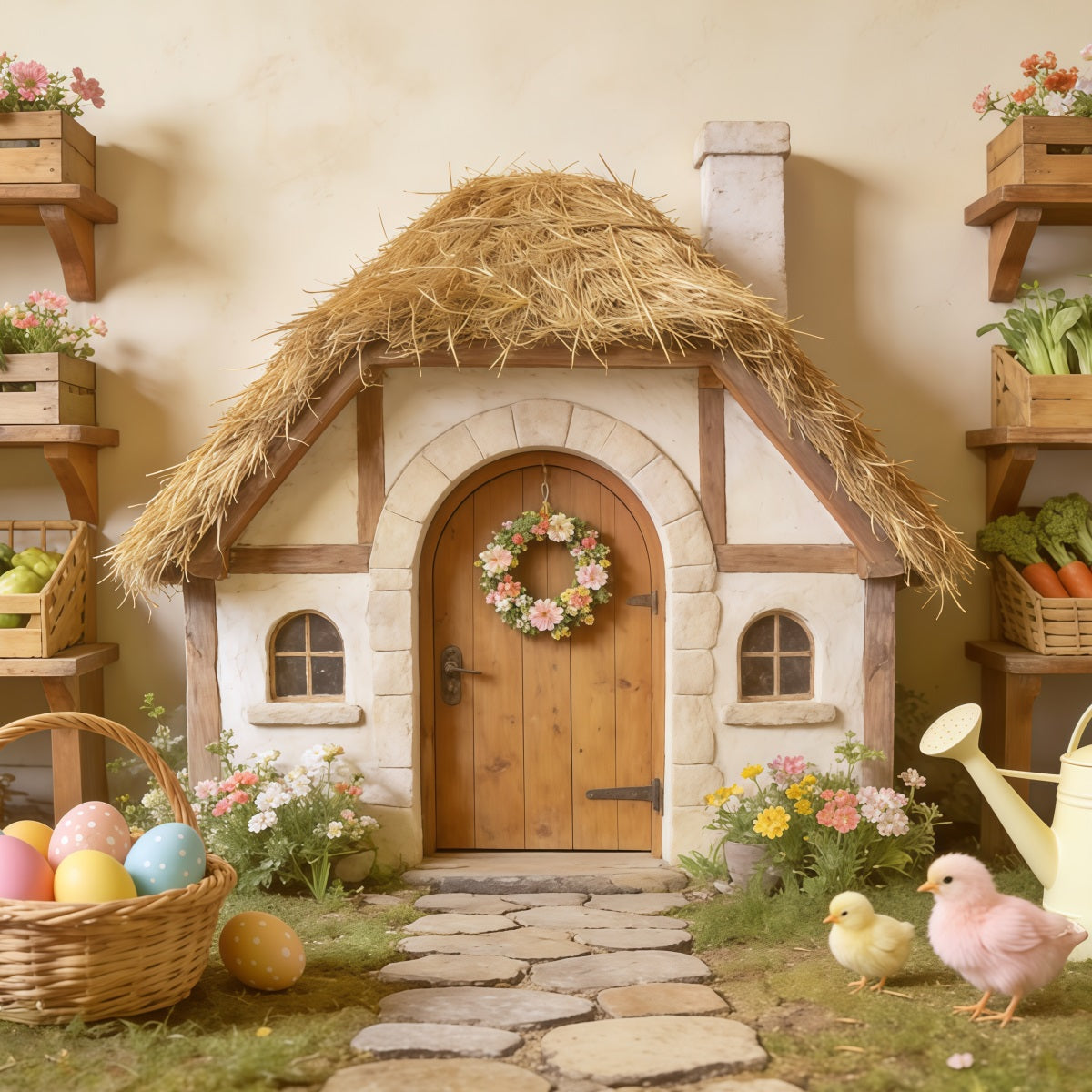 Easter Marshmallow Chick Backdrop Thatched Cottage Egg Basket Easter Backdrops Photo CSH62-87