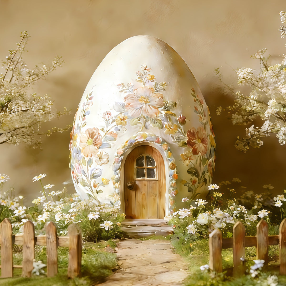 Easter Cottage Garden Backdrop Floral Egg House Blossoms Easter Photography Backdrop Ideas CSH62-89