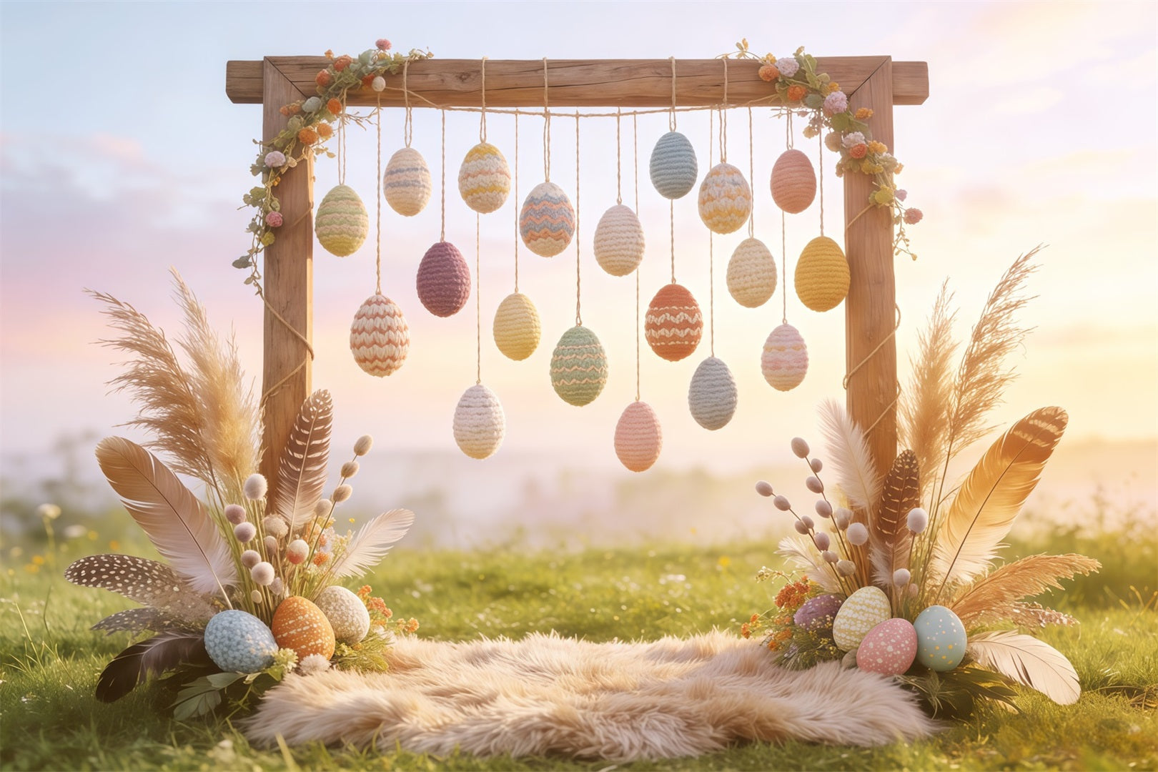 Easter Boho Backdrop Crochet Egg Feather Hay Backdrops For Easter Pictures CSH62-93