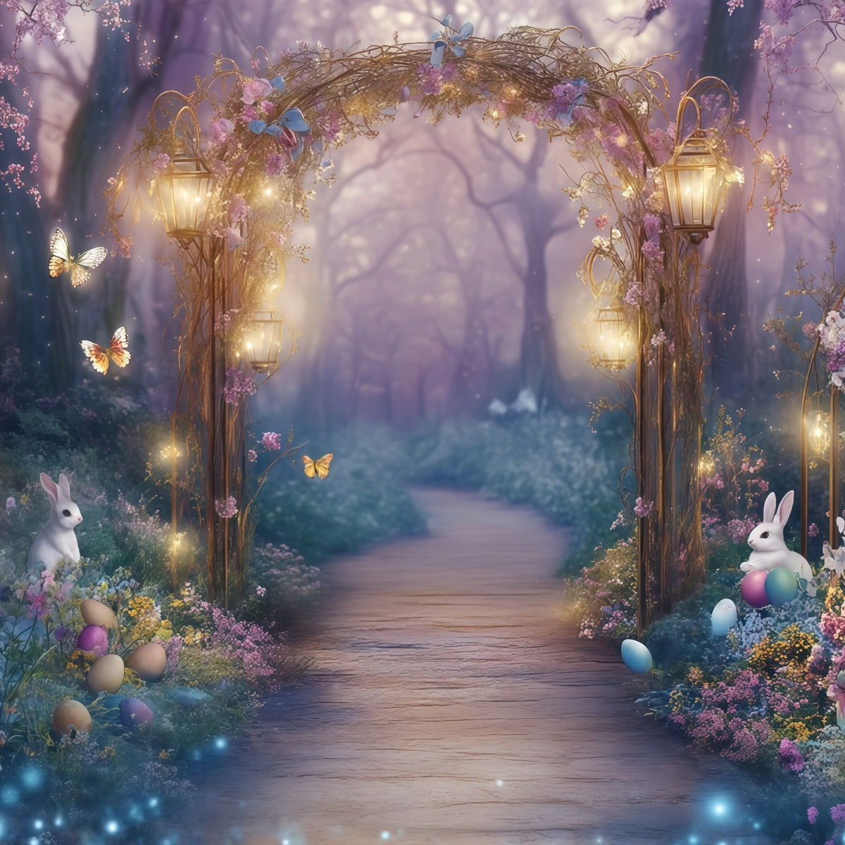 Easter European Garden Backdrop Enchanted Path Bunny Eggs Outdoor Easter Backdrop CSH62-95