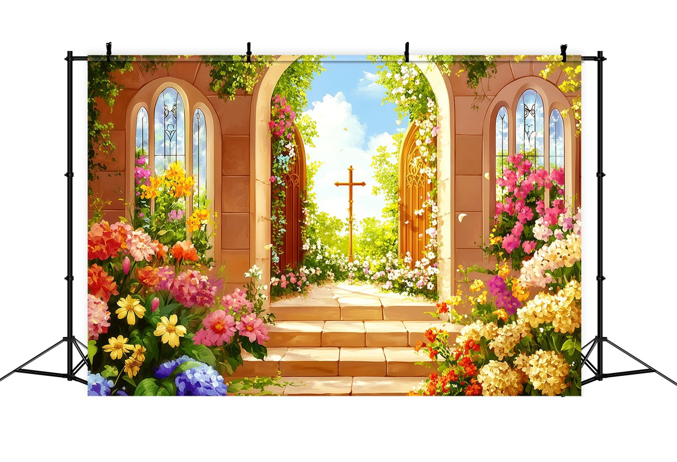 Easter Religious Backdrop Garden Doors Cross Blooms Easter Themed Backdrop CSH62-99