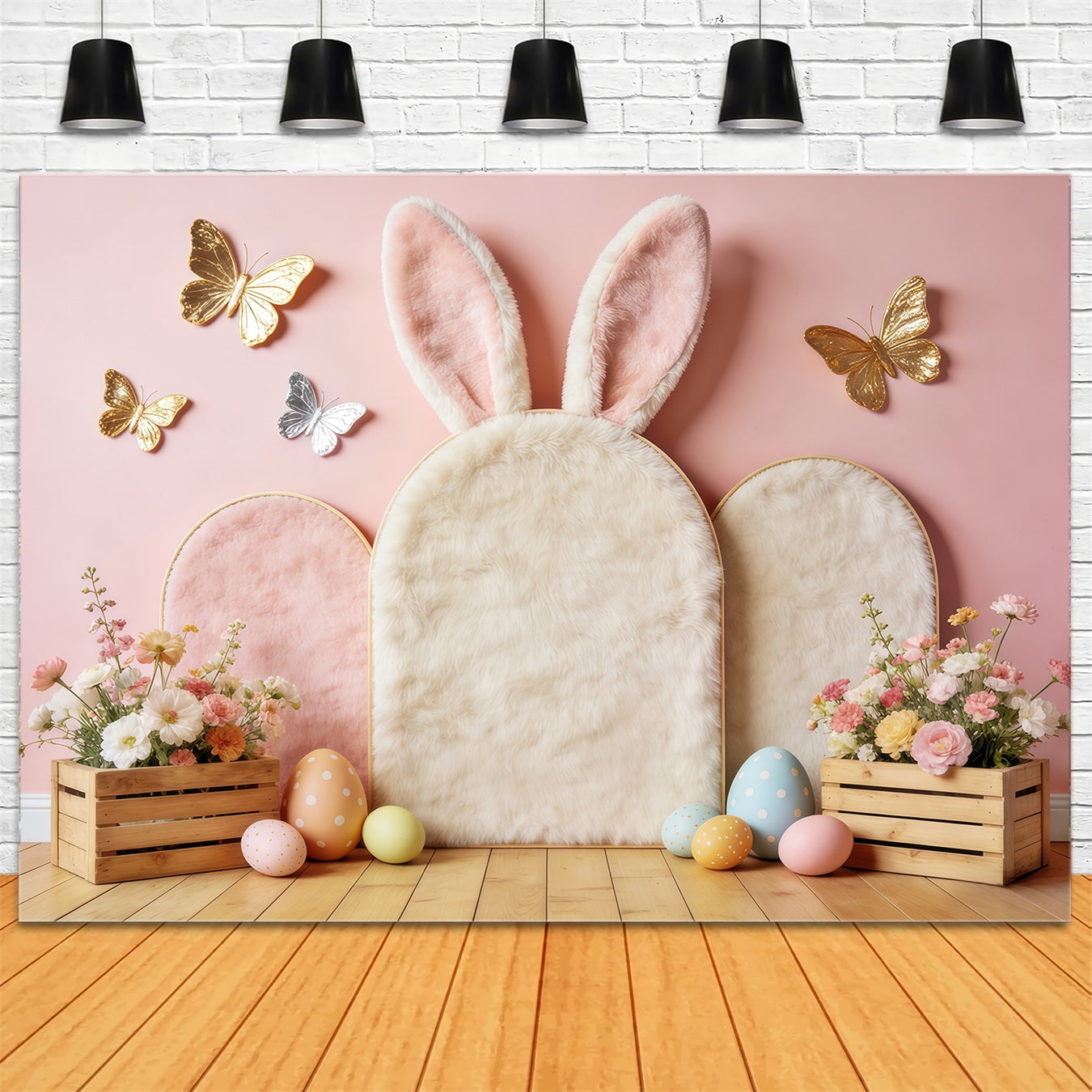 Easter Butterfly Backdrop Pastel Bunny Ears Floral Crates Easter Backdrop CSH63-1
