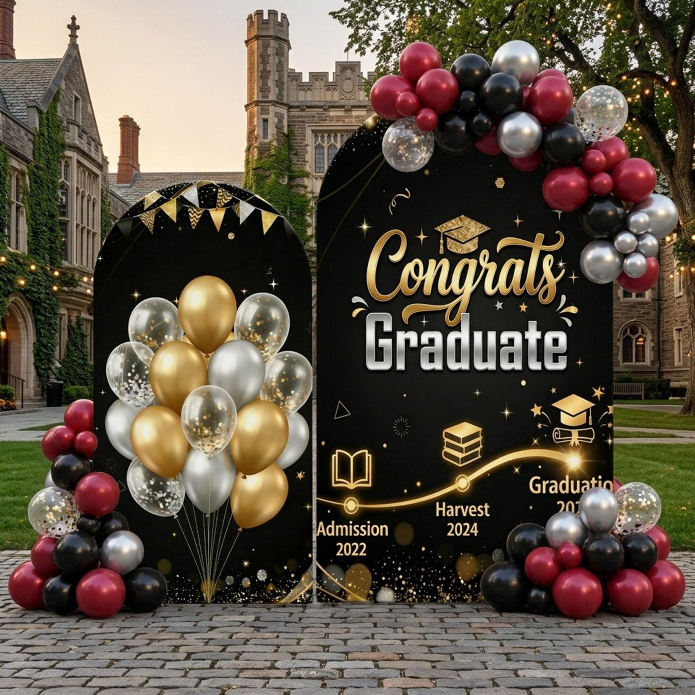 Graduation Balloon Backdrop Black Gold Glitter Timeline Arch Graduation Backdrop CSH63-106