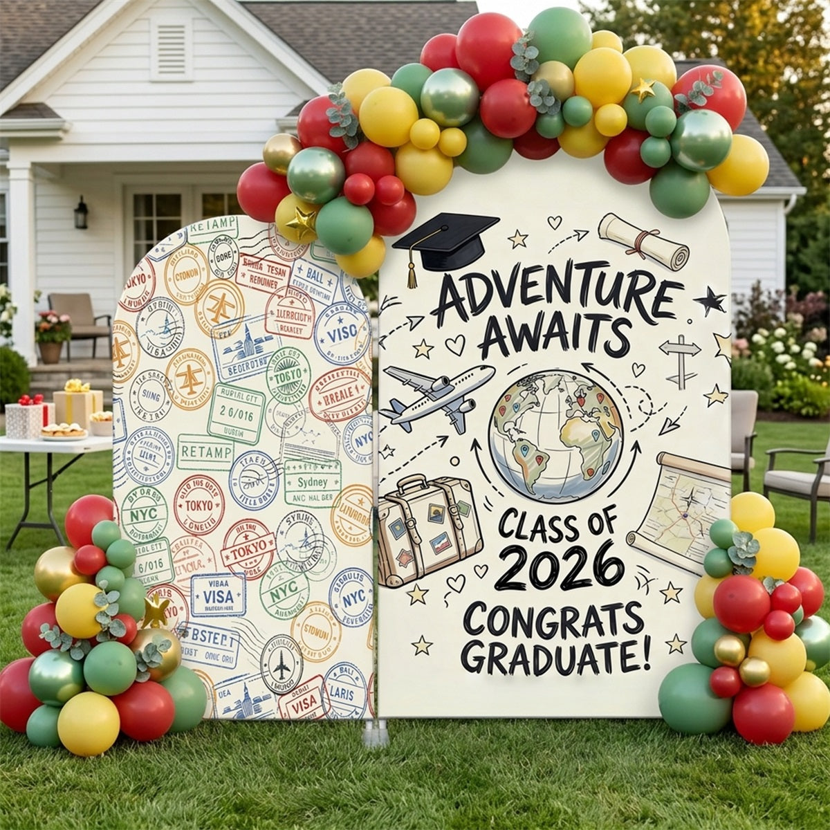 High School Graduation Backdrop Travel Stamp Adventure Awaits Arch Graduation Backdrop Ideas CSH63-109