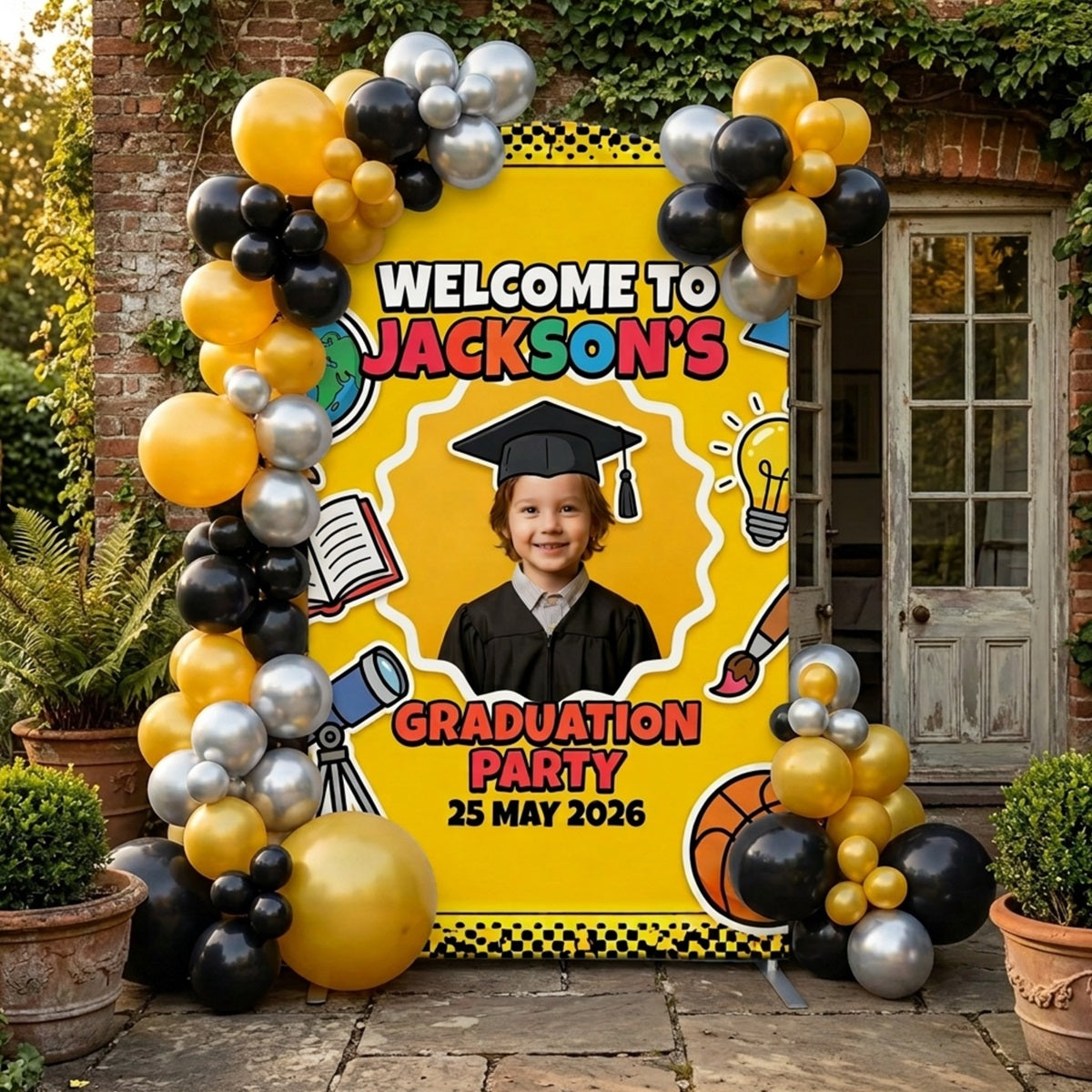 Preschool Graduation Backdrop Yellow Cartoon Kindergarten Arch Backdrop Graduation CSH63-113