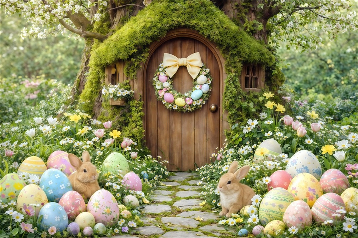 Easter Woodland Path Backdrop Forest Bunny Cottage Painted Eggs Happy Easter Backdrop CSH63-12